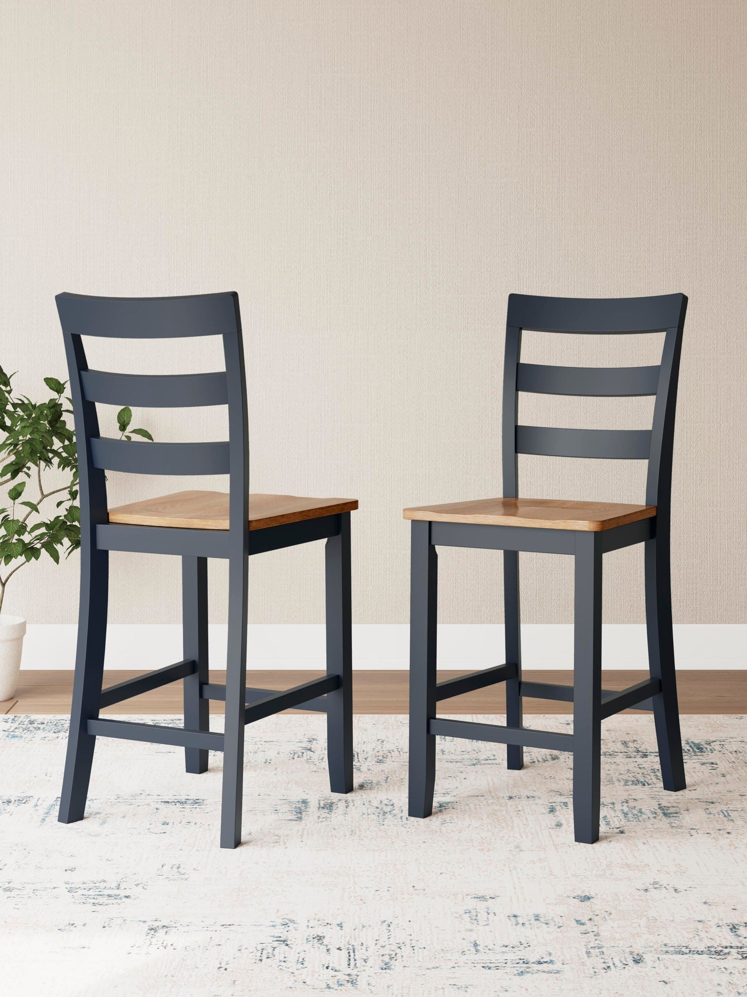 Blue barstools set of 2 with horizontal slat backrests and wood square seats