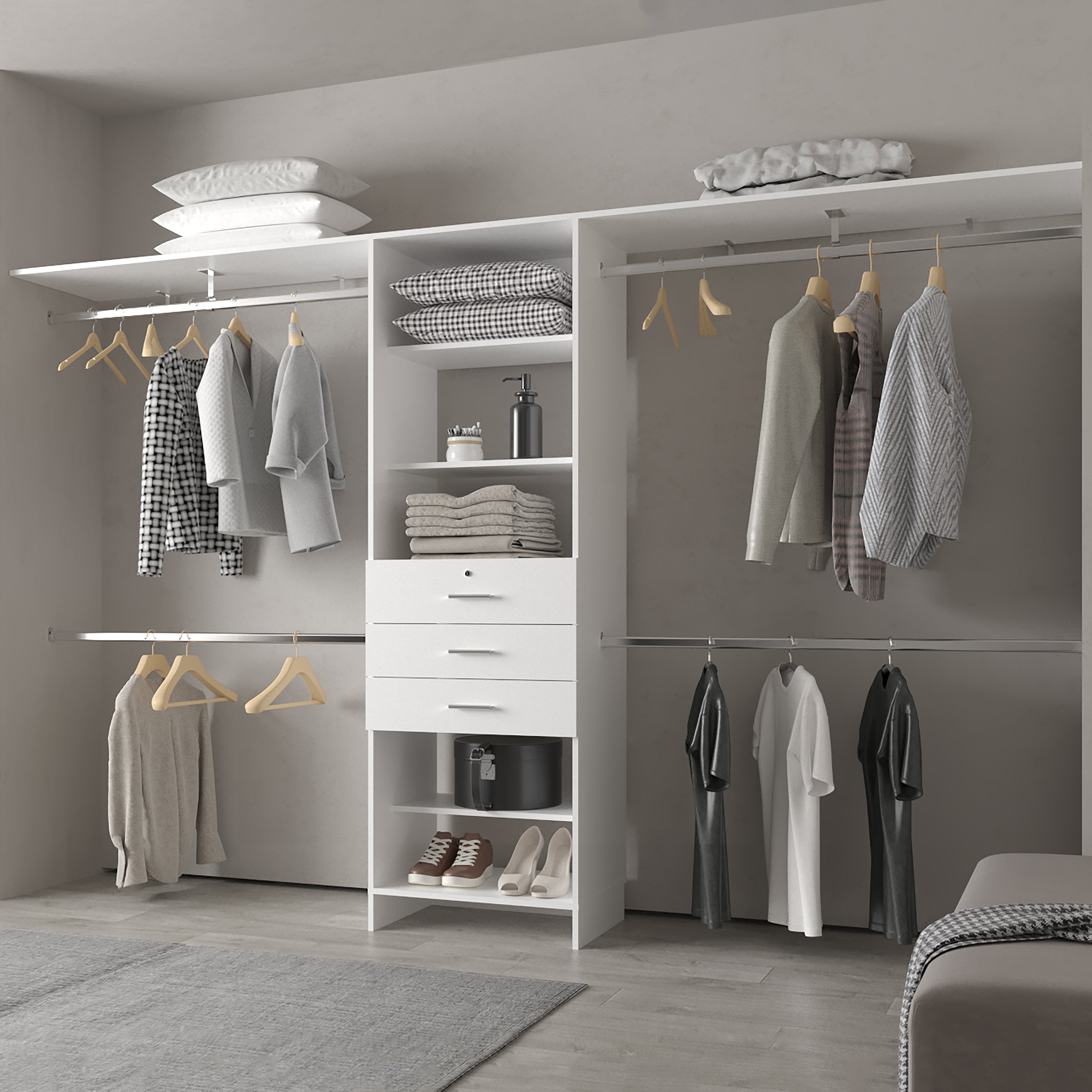 Modular Closet Organizer: Rods, Shelves, Drawers - White