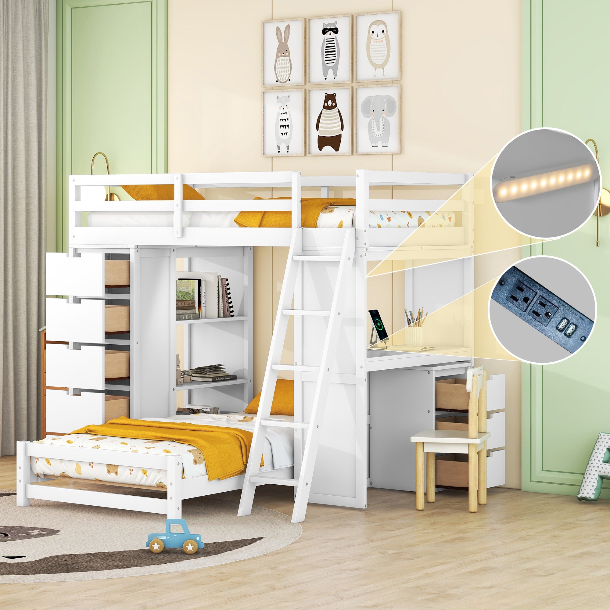 White Twin over Twin Bunk Bed with LED Light & USB Ports