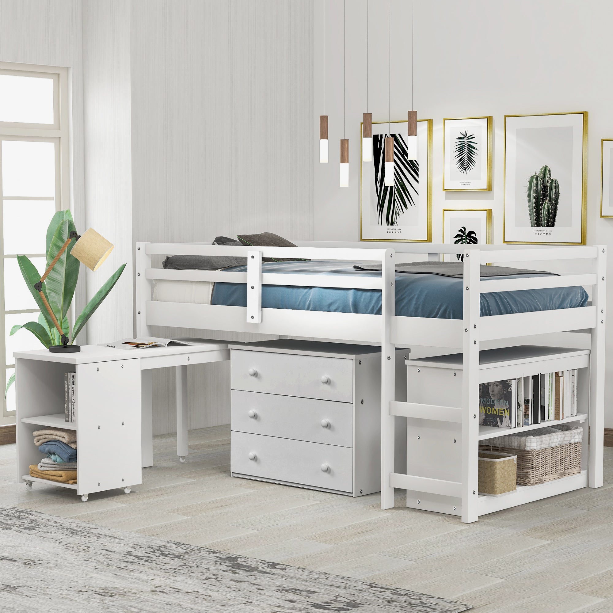 White Low Study Twin Loft Bed, Cabinet & Portable Desk