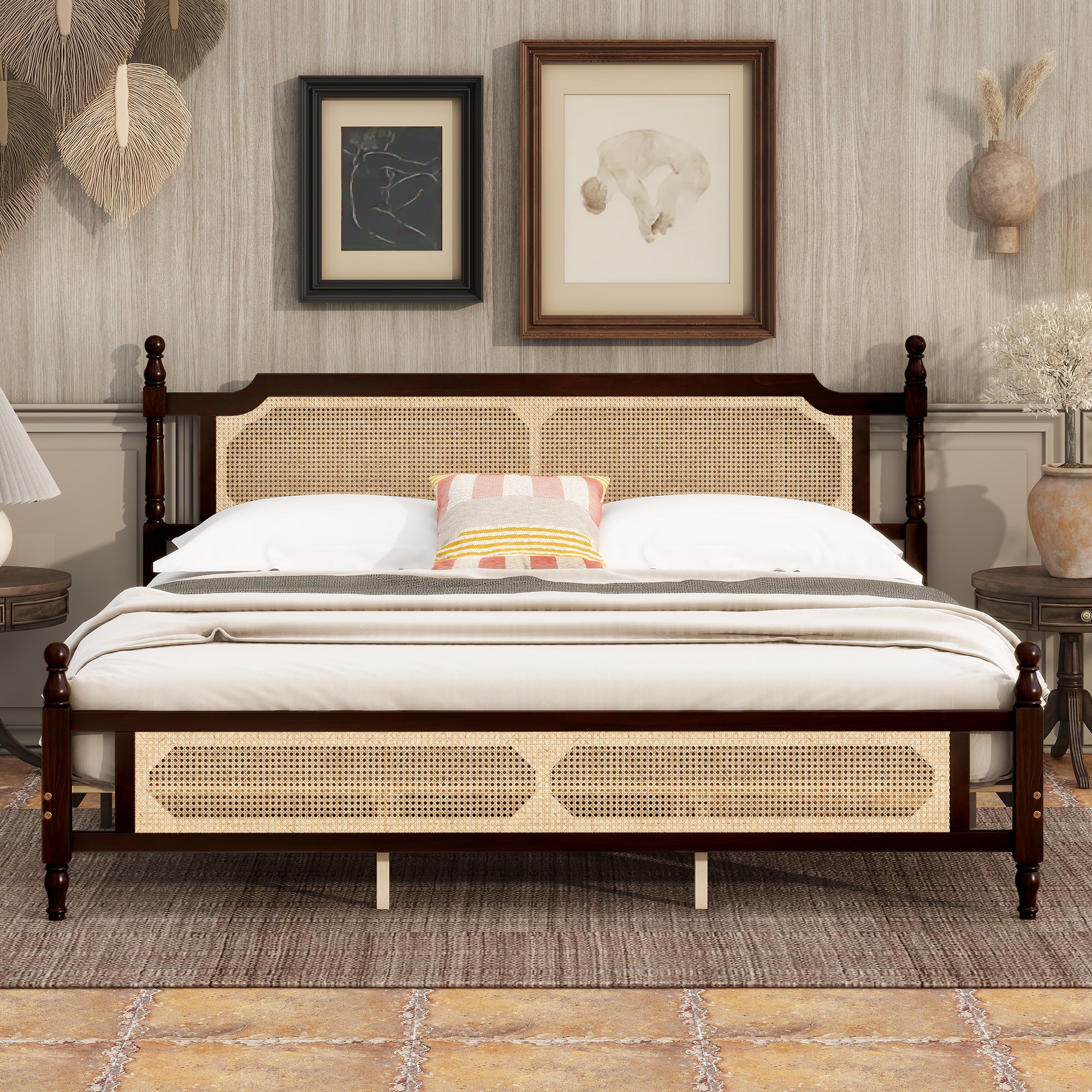 King Pine Wood Rattan Bed Frame with Enhanced Platform, Espresso