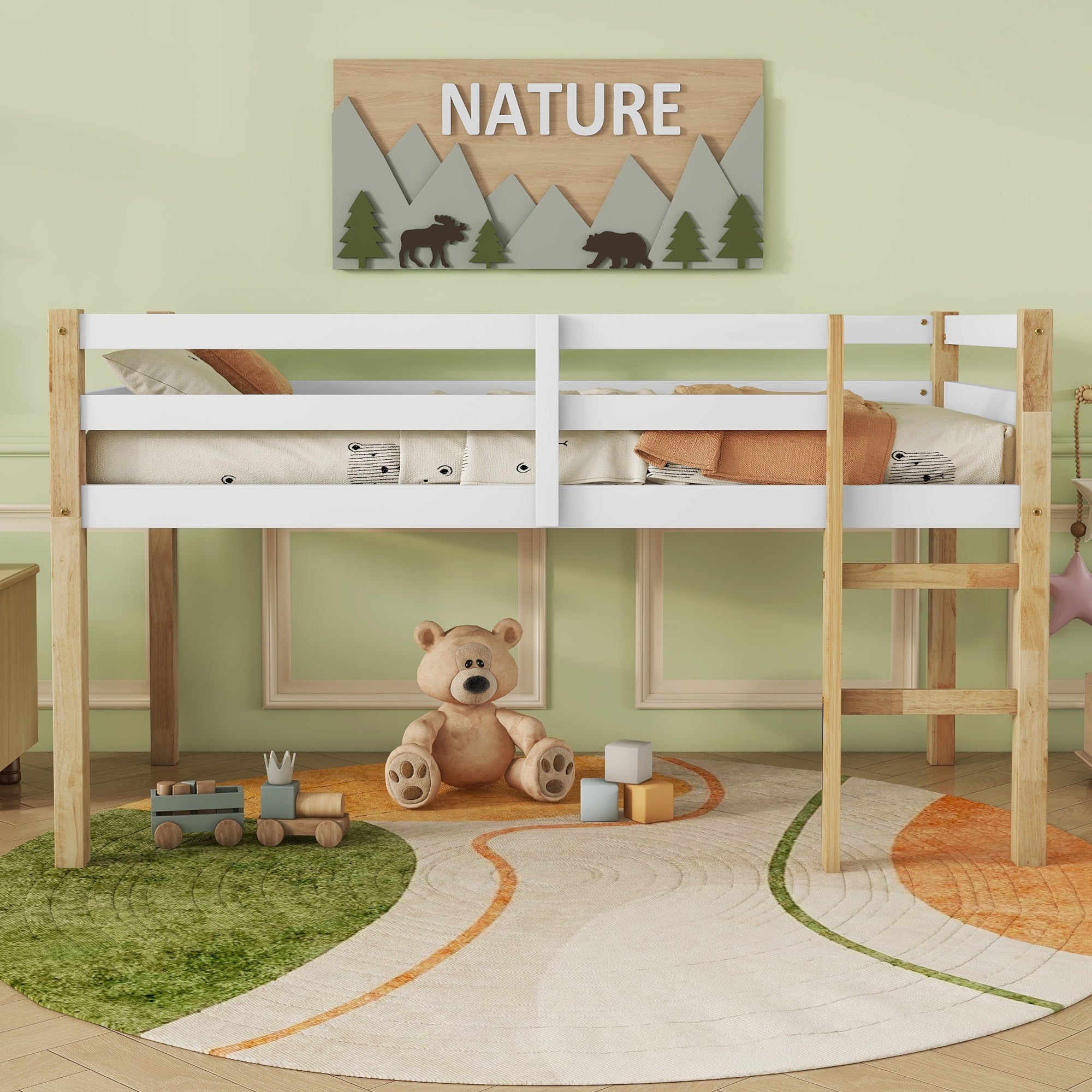 Solid Rubber Wood Twin Loft Bed w/Ladder & Strengthened Slats-Natural