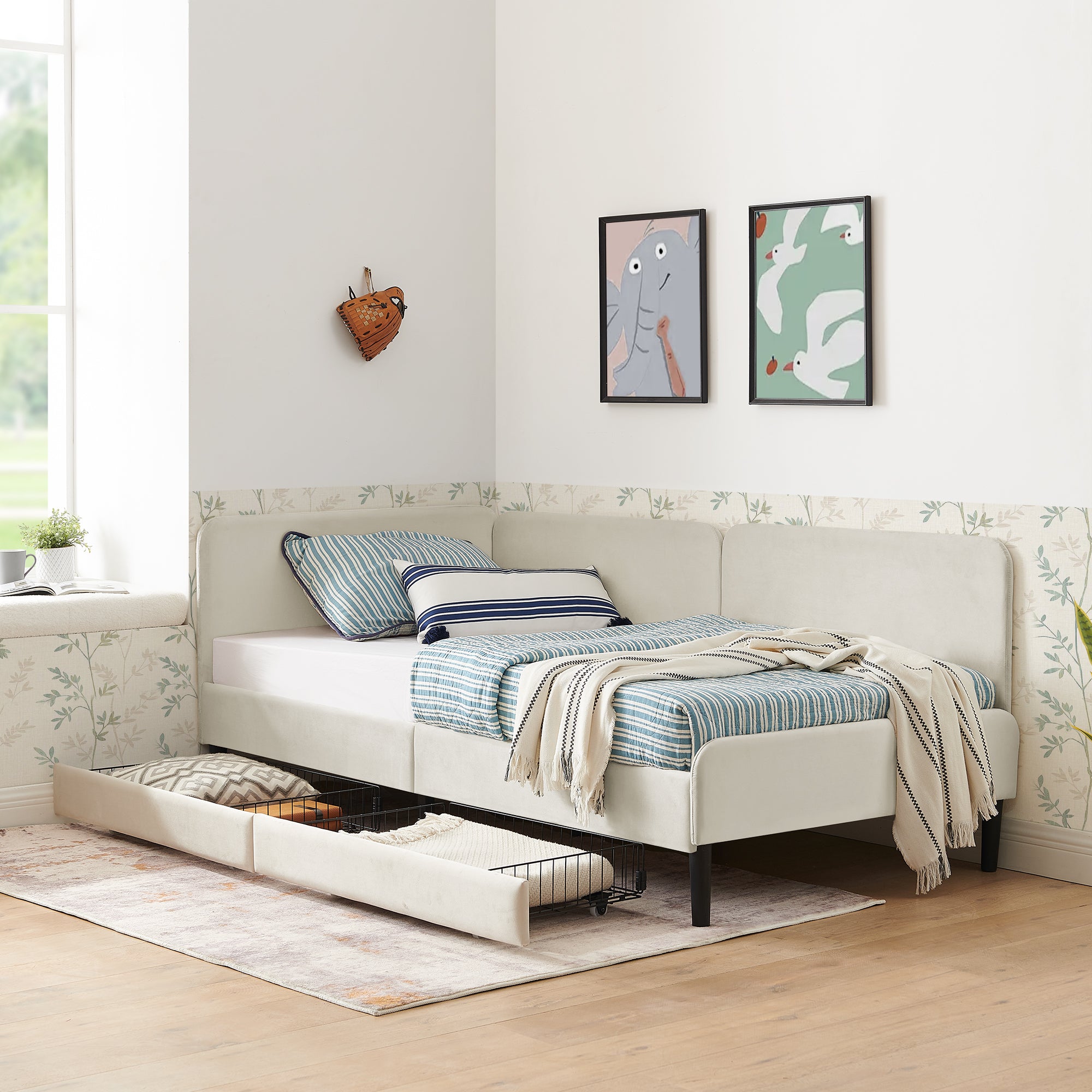 Twin Velvet Upholstered Platform Bed w/Storage Drawers & Adjustable Sofa