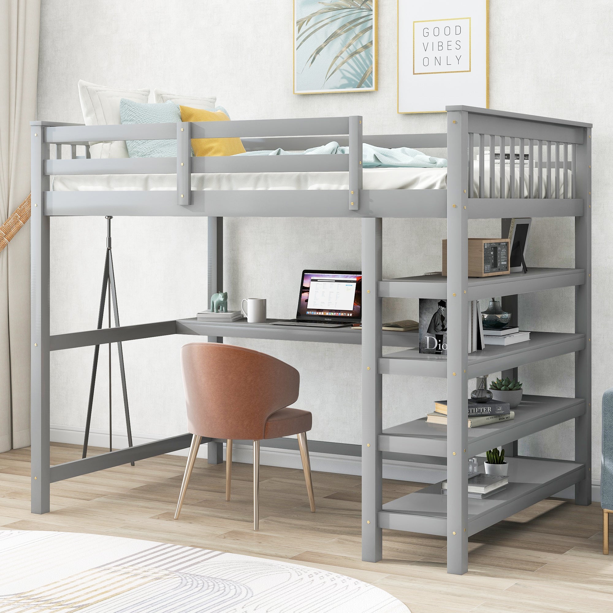 Gray Full Loft Bed w/ Desk & Shelves