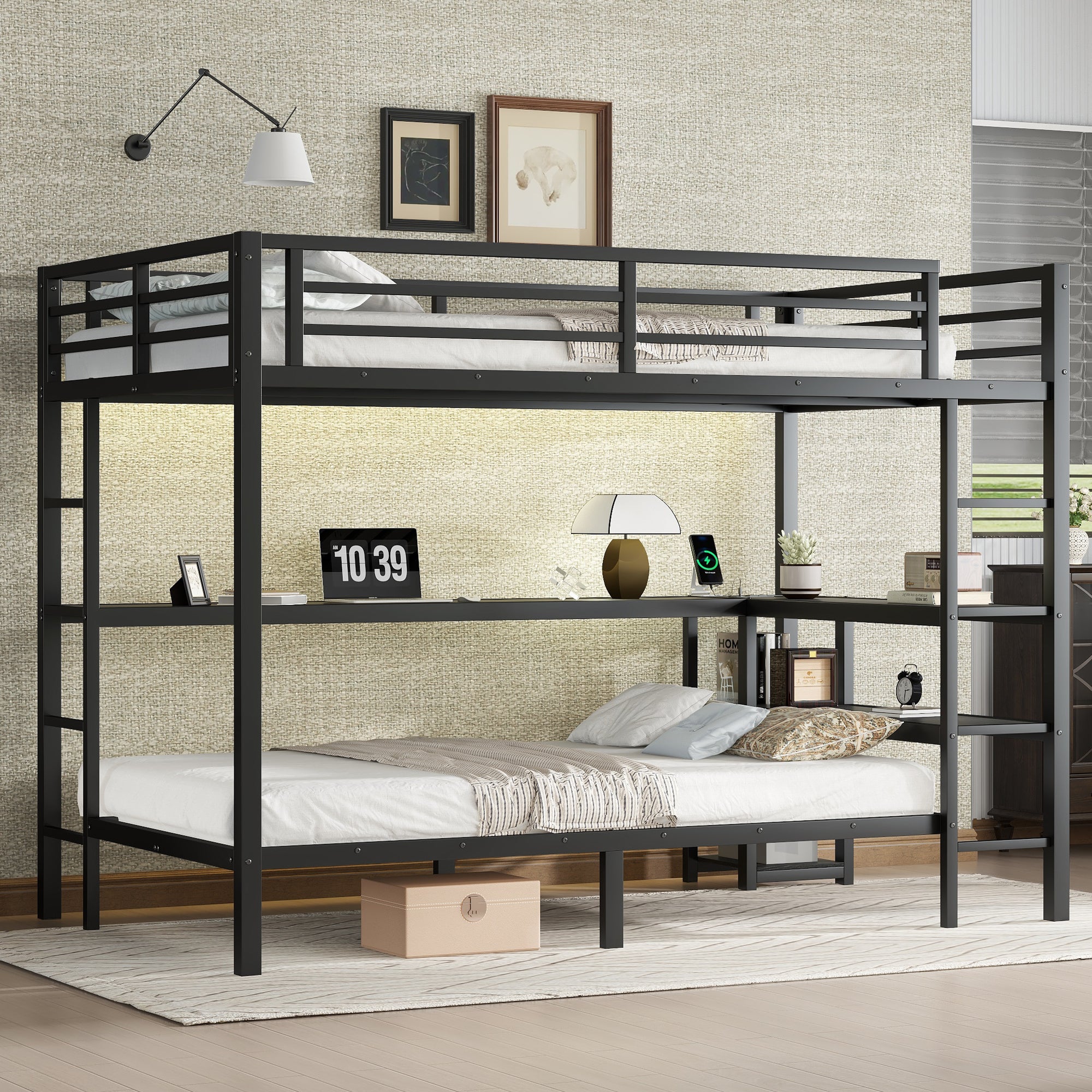 Black Full Over Twin Bunk Bed with Desk, Shelves, LED, USB Storage