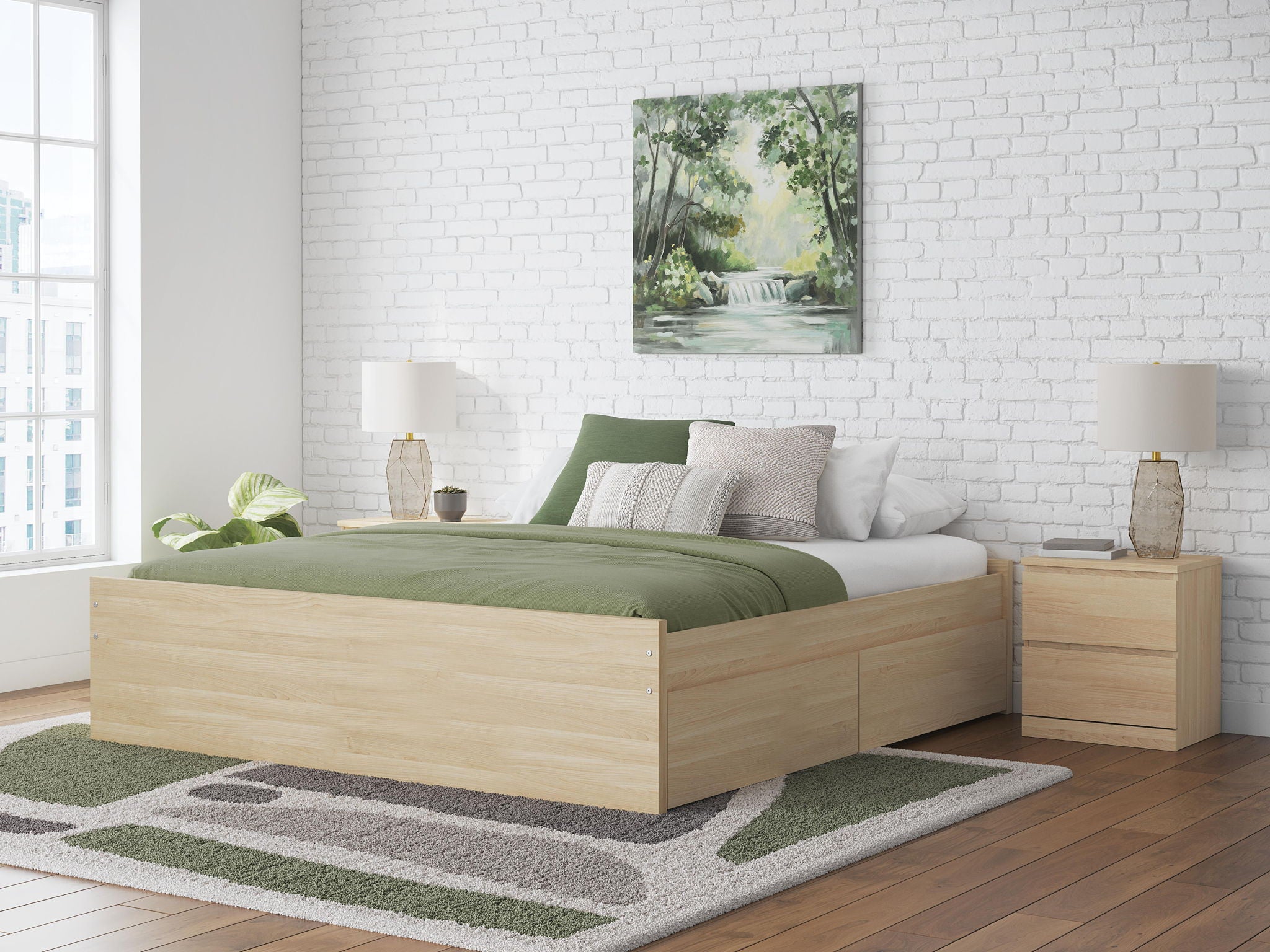 Light brown platform bed with low frame and slat support, no storage drawers visible