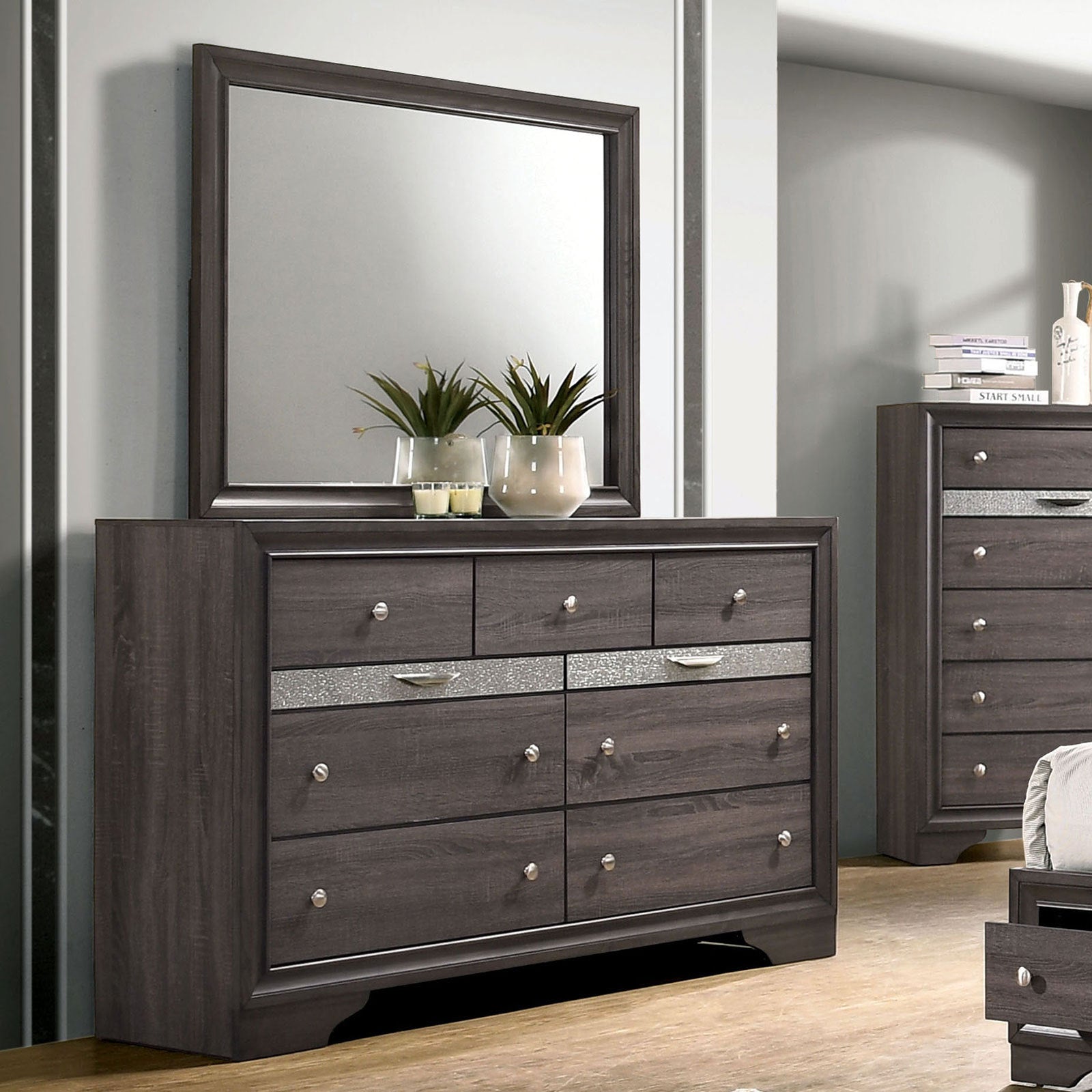 Gray Dresser Mirror Set Hidden Jewelry Drawer Bedroom
