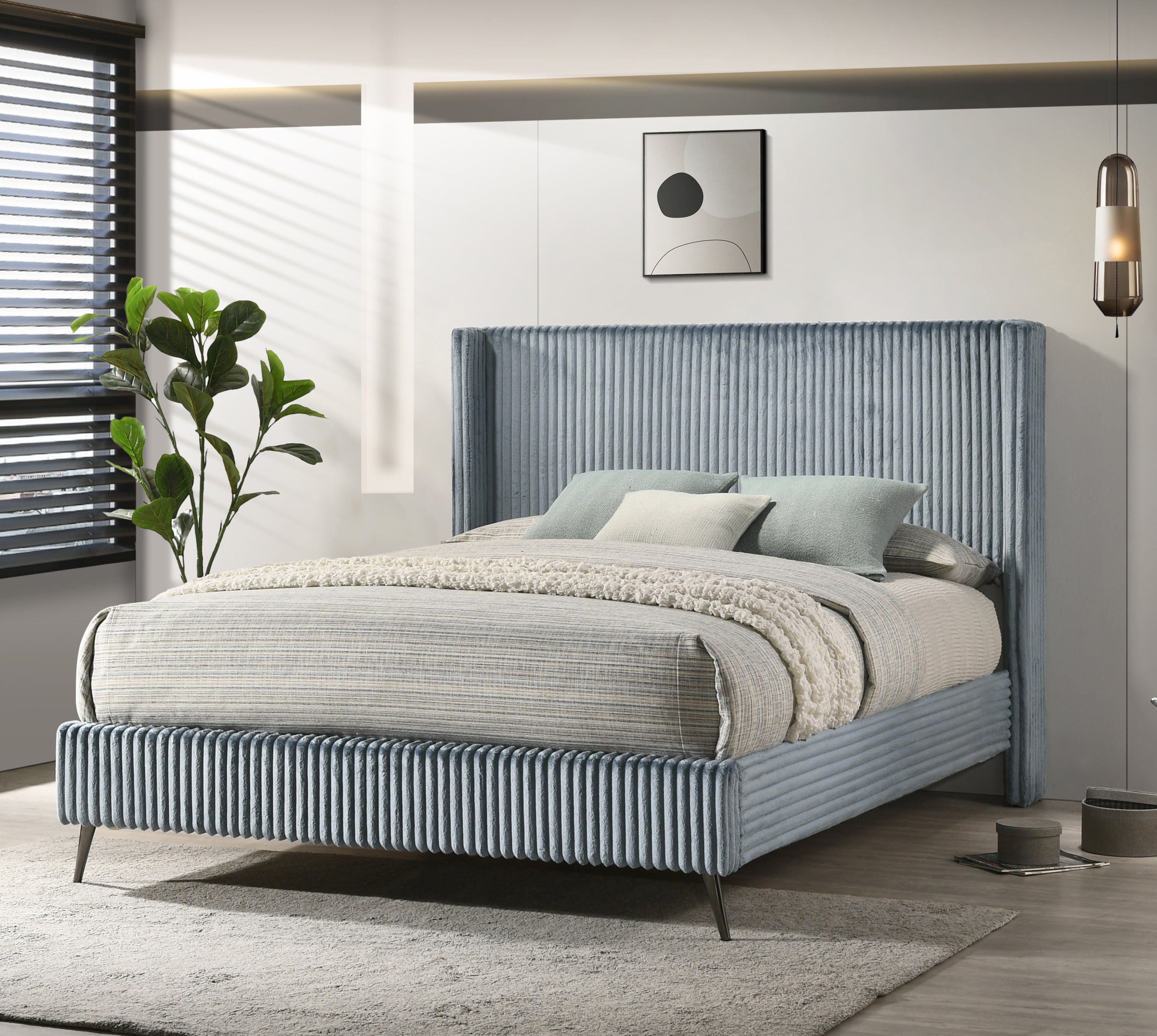 Mavela Blue Wide Wale Corduroy Upholstered Queen Bed