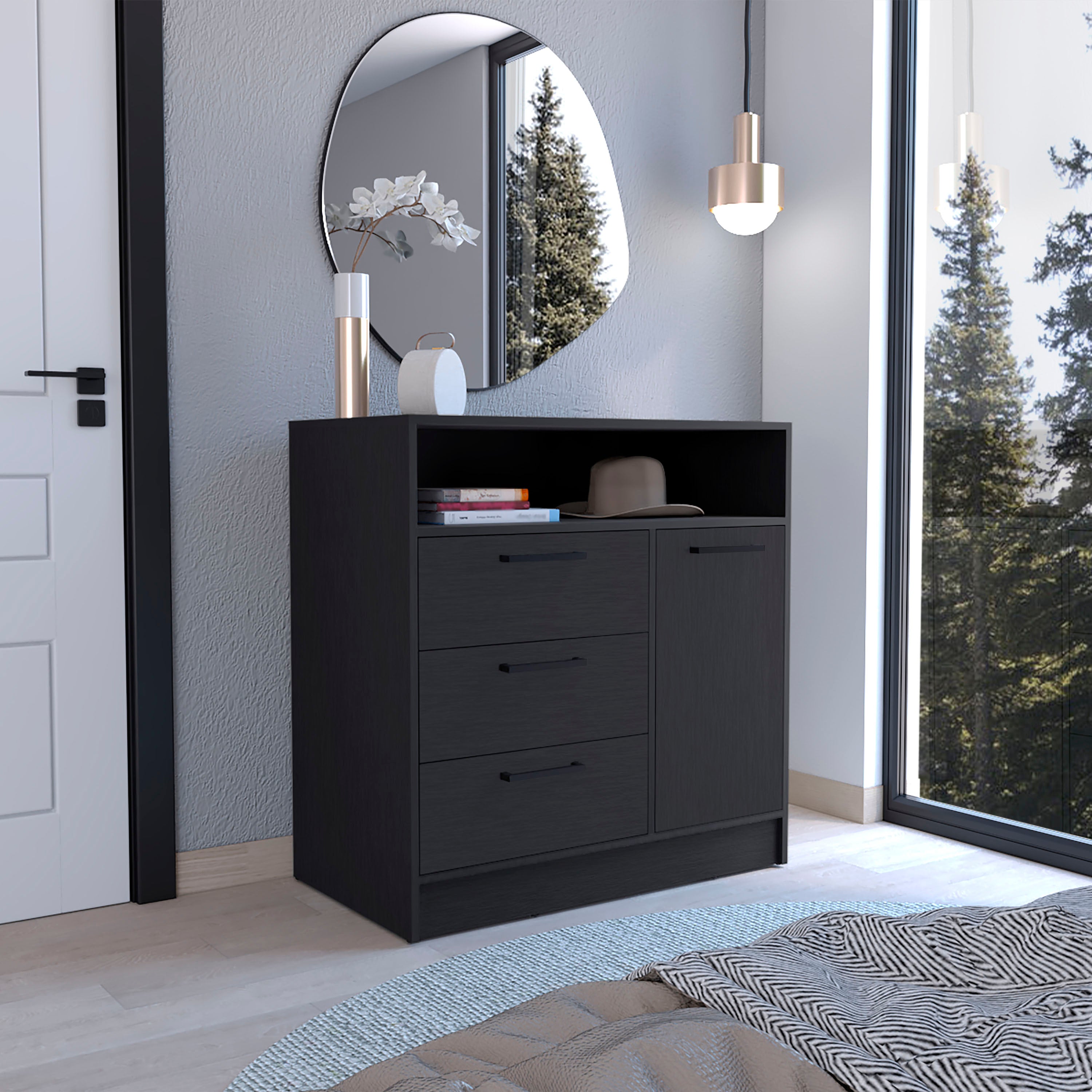 Omaha Black Dresser: Multi-Storage 3-Drawer Cabinet Unit
