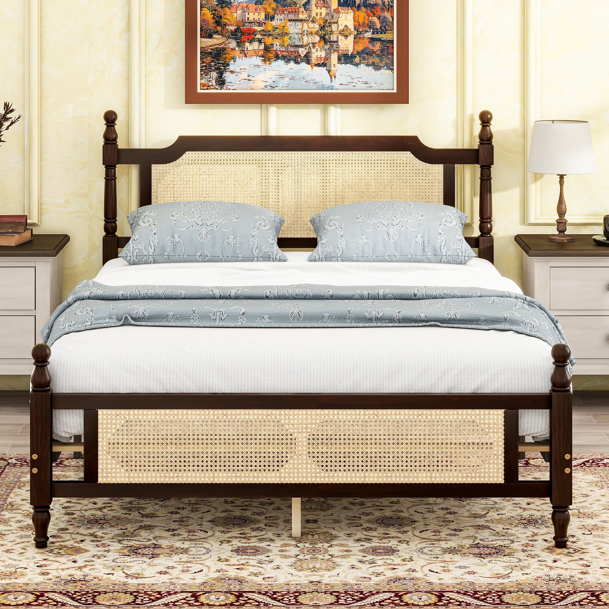 Queen Pine Bed: Rattan Headboard & Footboard, Espresso