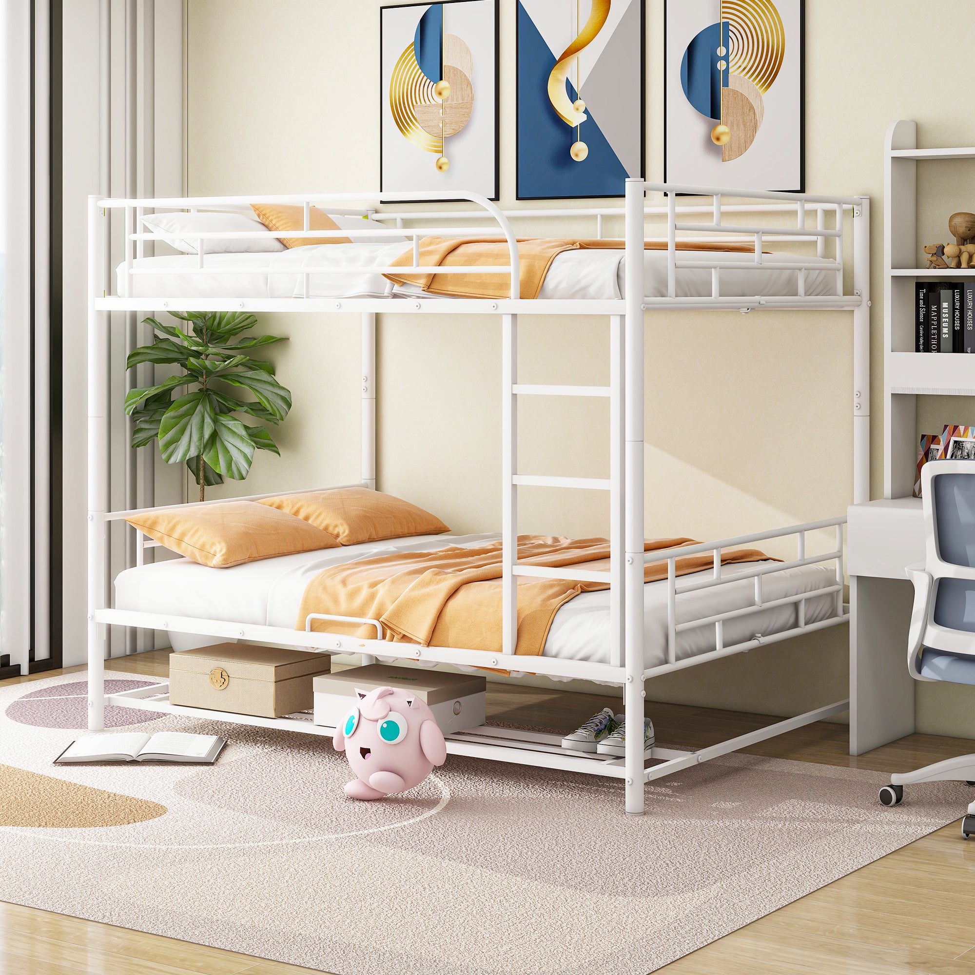 White Full Over Full Metal Bunk Bed w/Shelf & Guardrails