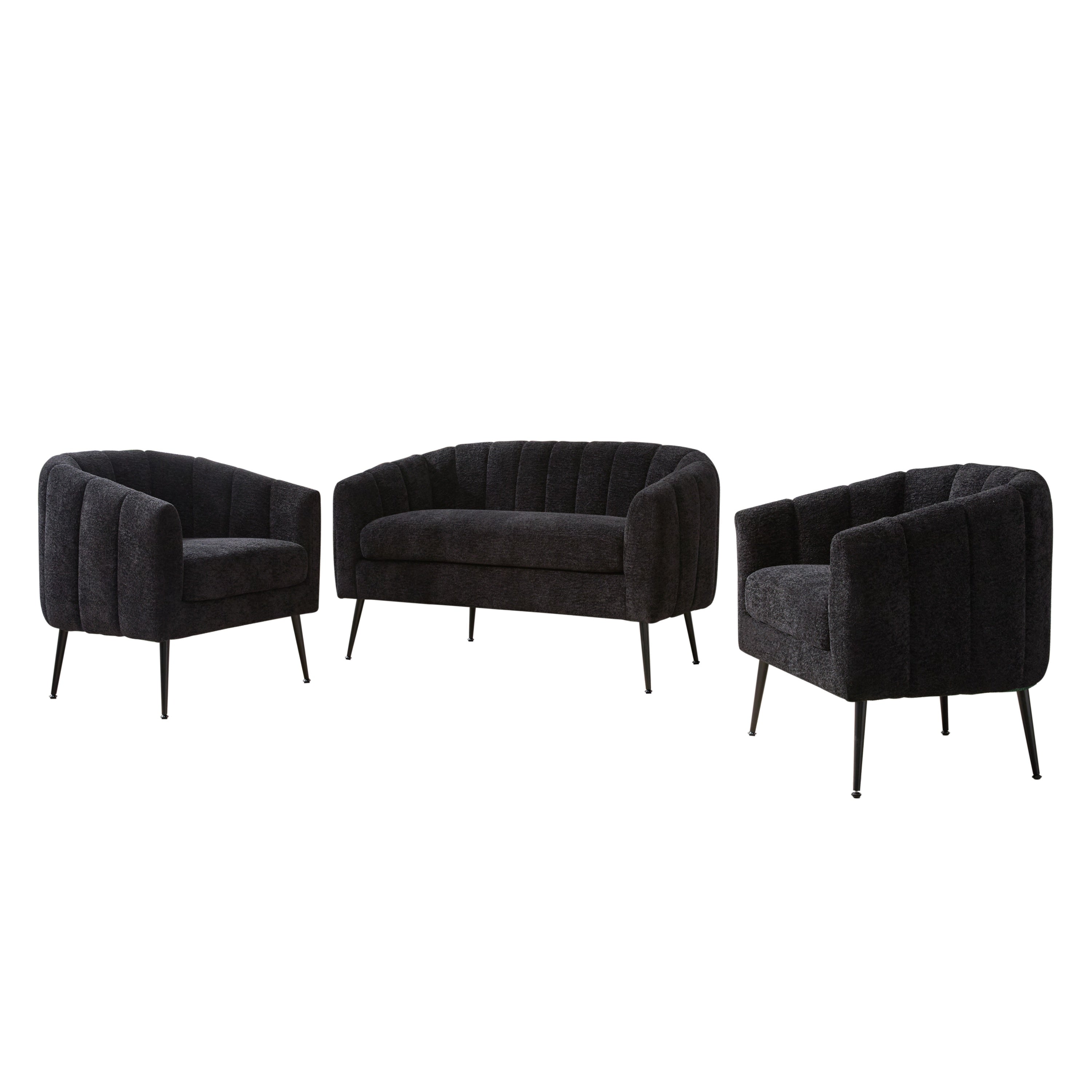 Black Chenille 3-Pc Living Room Set: Sofa & Armchairs