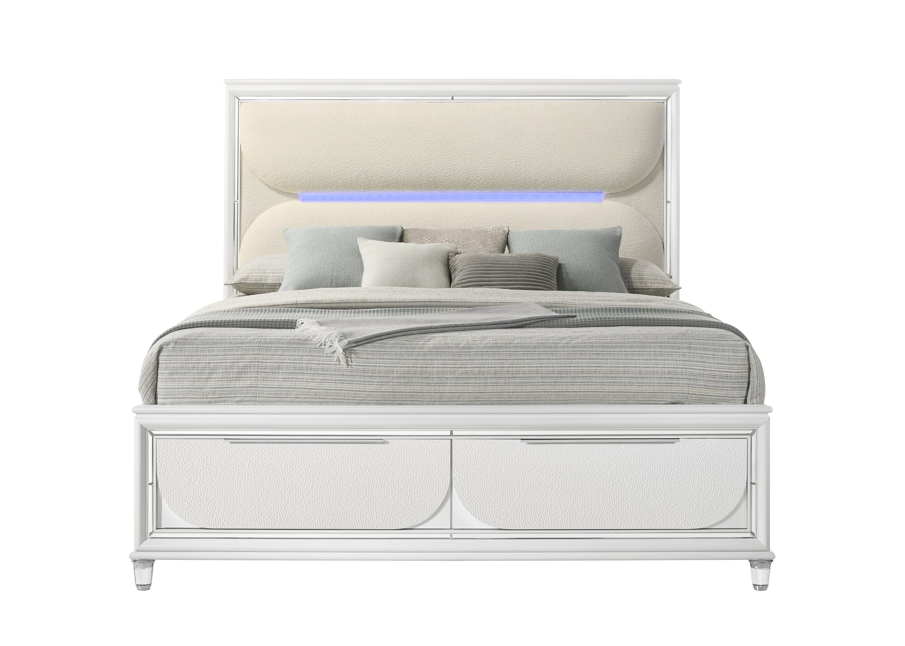 White Boucle Eastern King Bed | LED & Storage | Modern Tarian Design