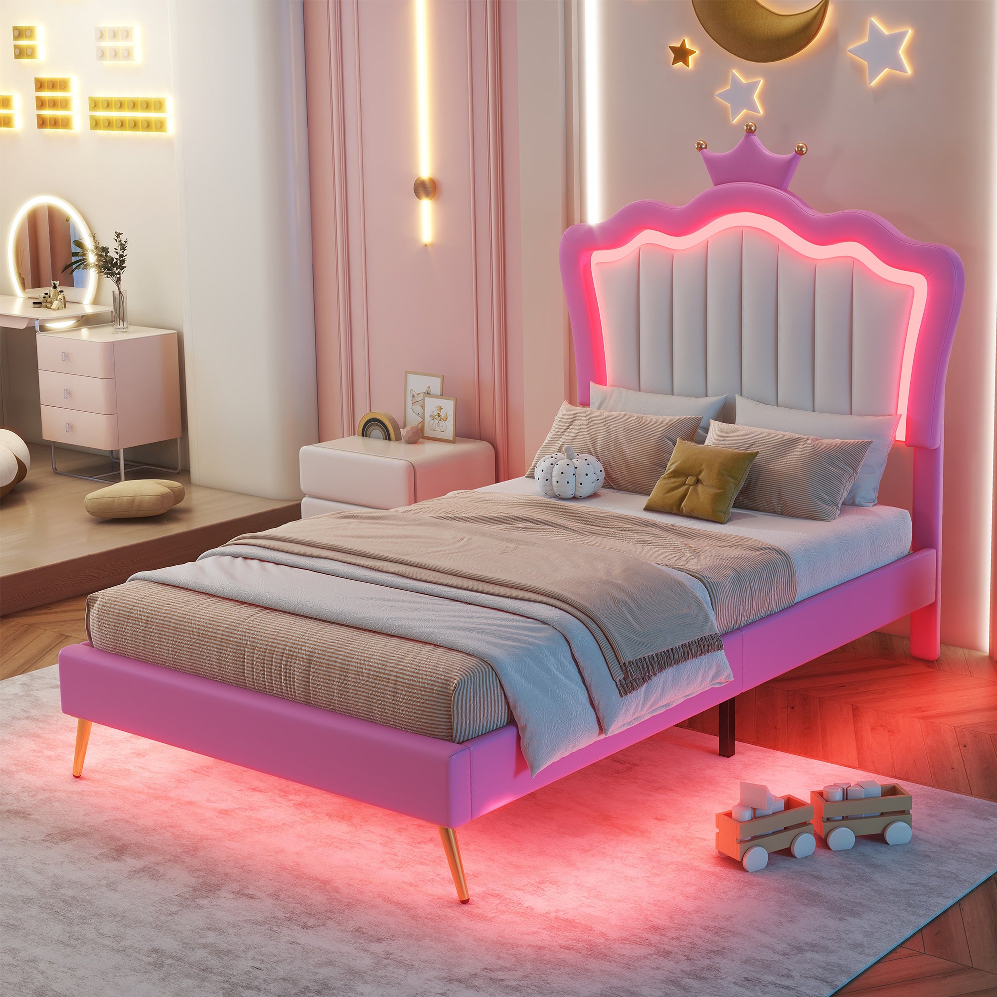 Twin Upholstered Bed Frame w/ LED, Crown Headboard, Pink/White