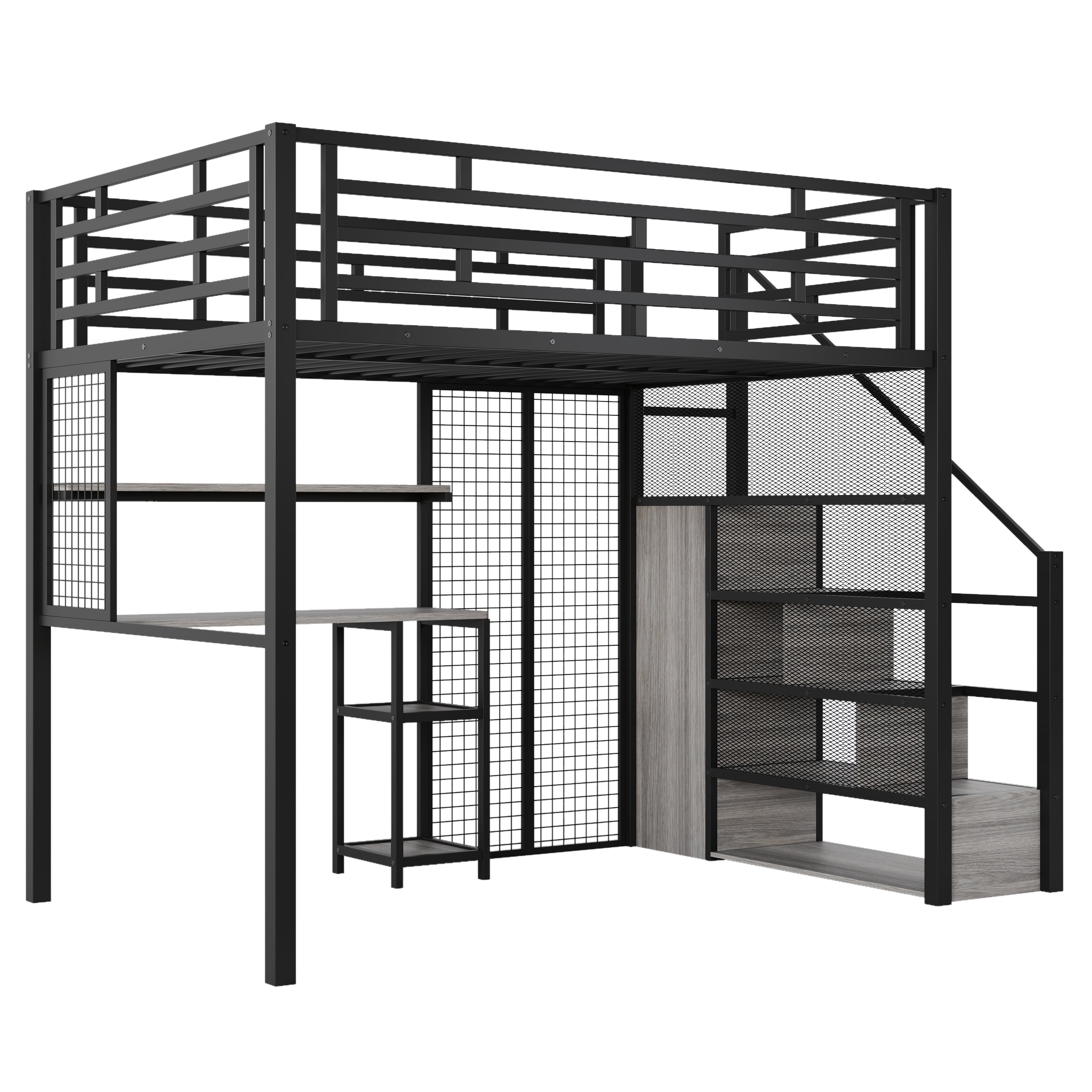 Full Size Metal Loft Bed: Desk, Wardrobe, Storage Shelves (Black)