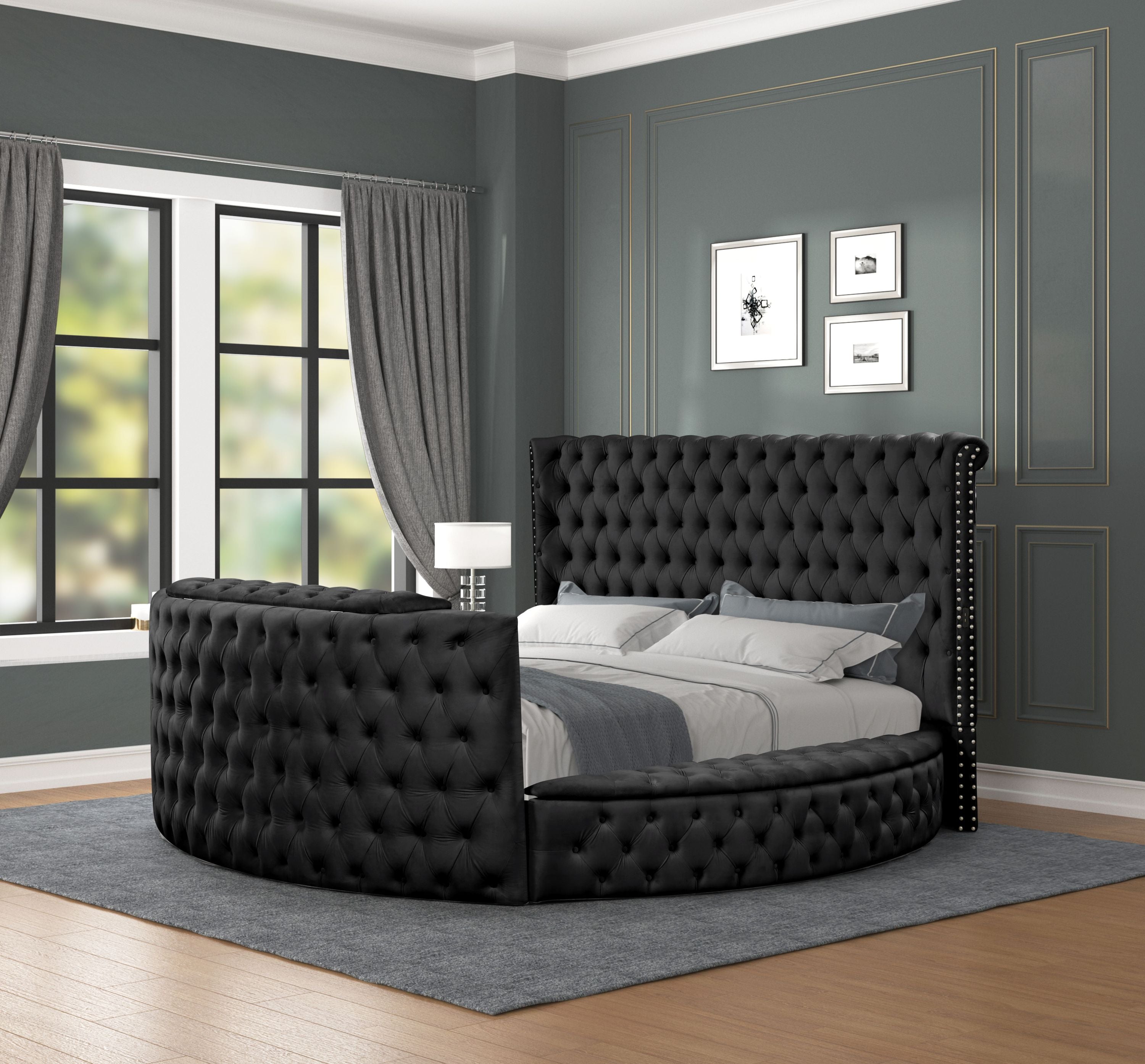 Modern Black Crystal Tufted Queen Bed - Wood Frame, Elegant Luxury Style