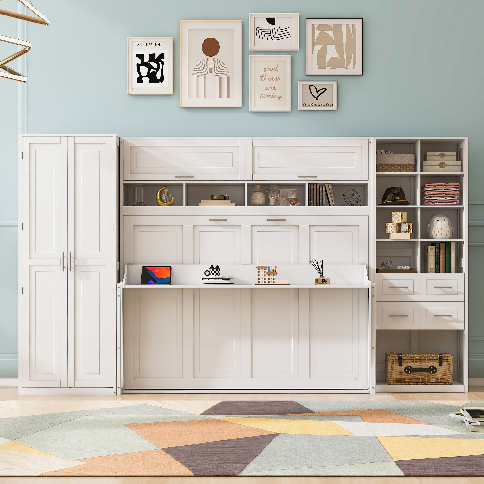 White Full Size Murphy Bed: Closet, Drawers, Shelves