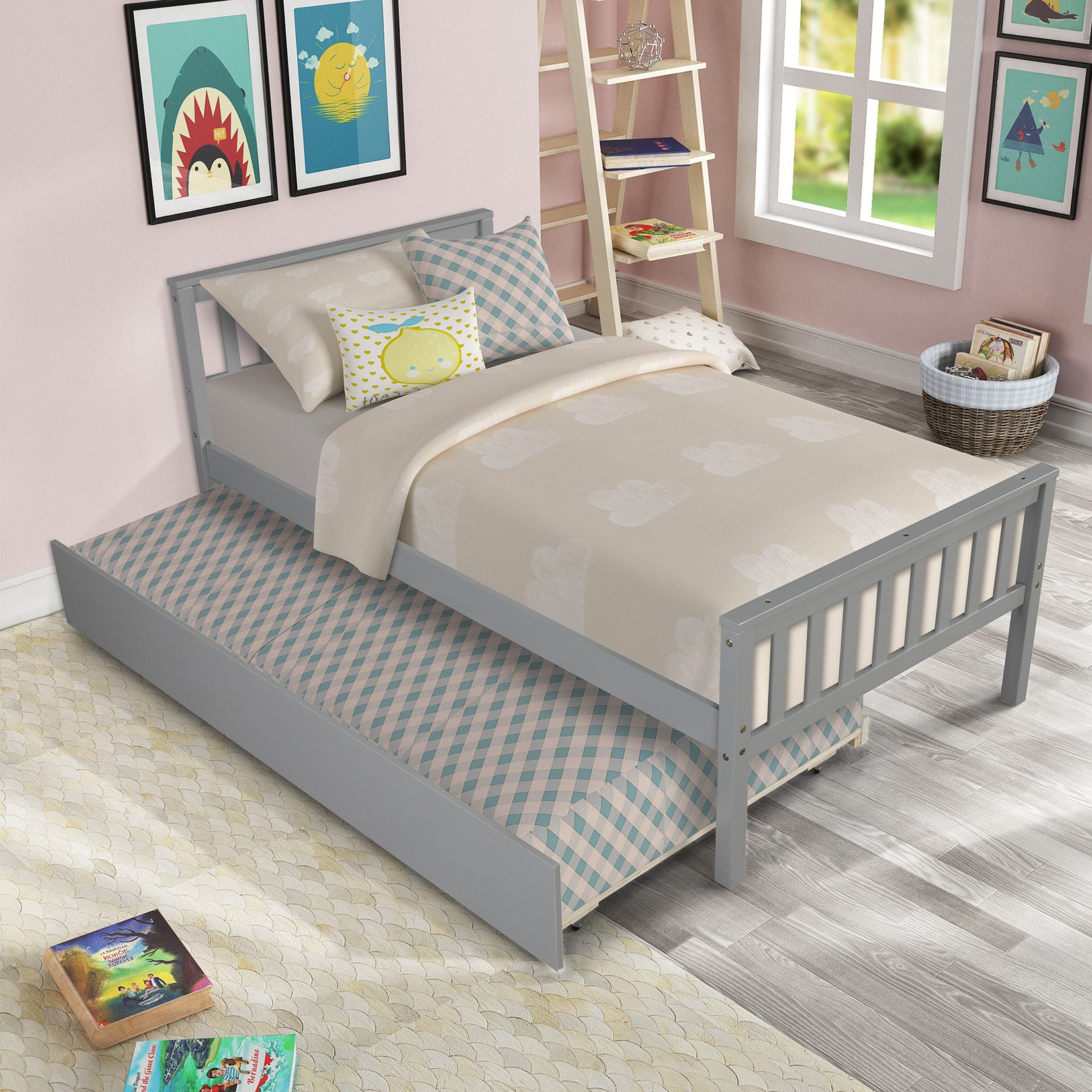 Grey Twin Platform Bed with Trundle, Headboard & Footboard - No Box Spring