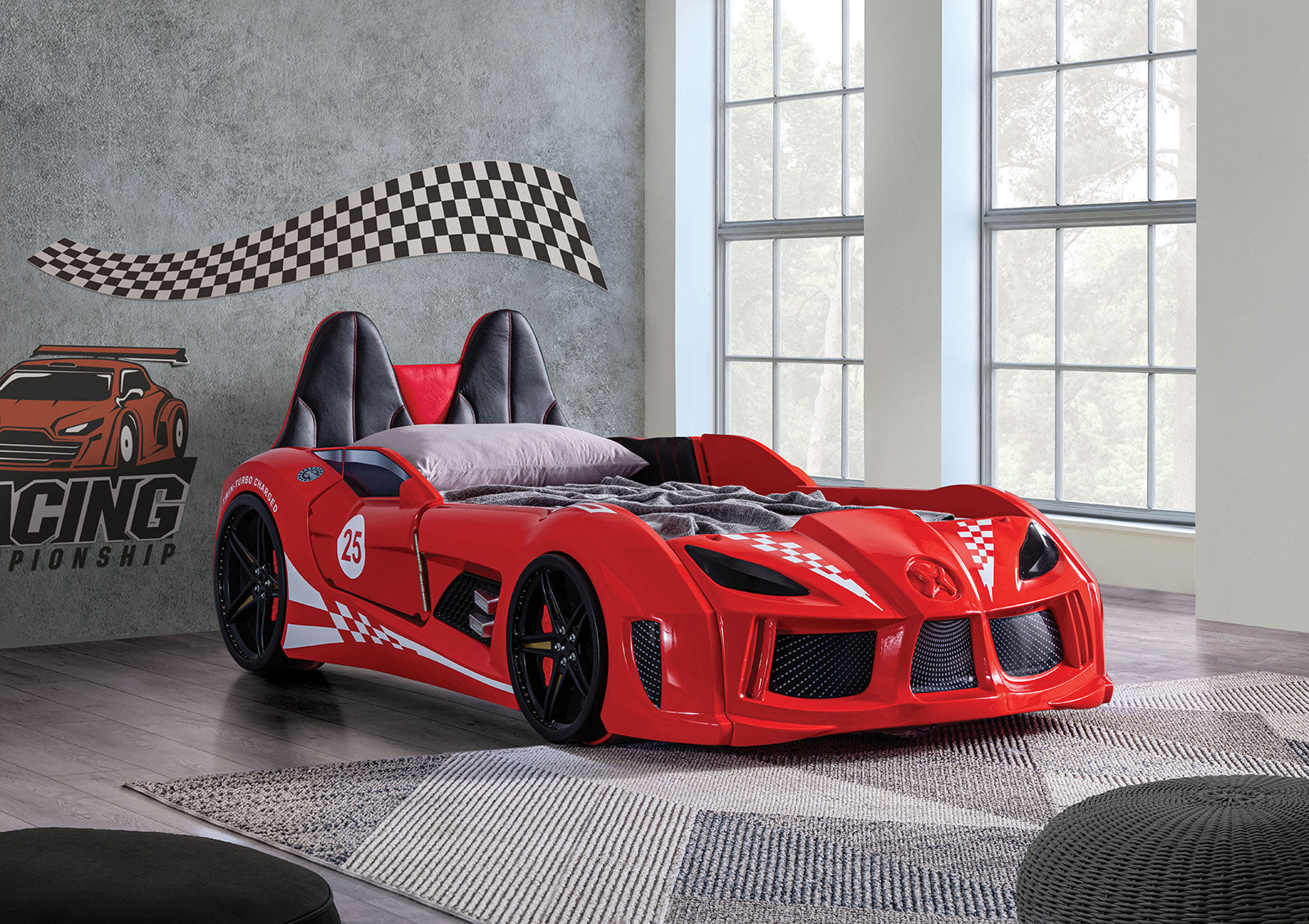 Red Twin Race Car Bed w/ LED, Magnetic Doors, Upholstered (70 Char)