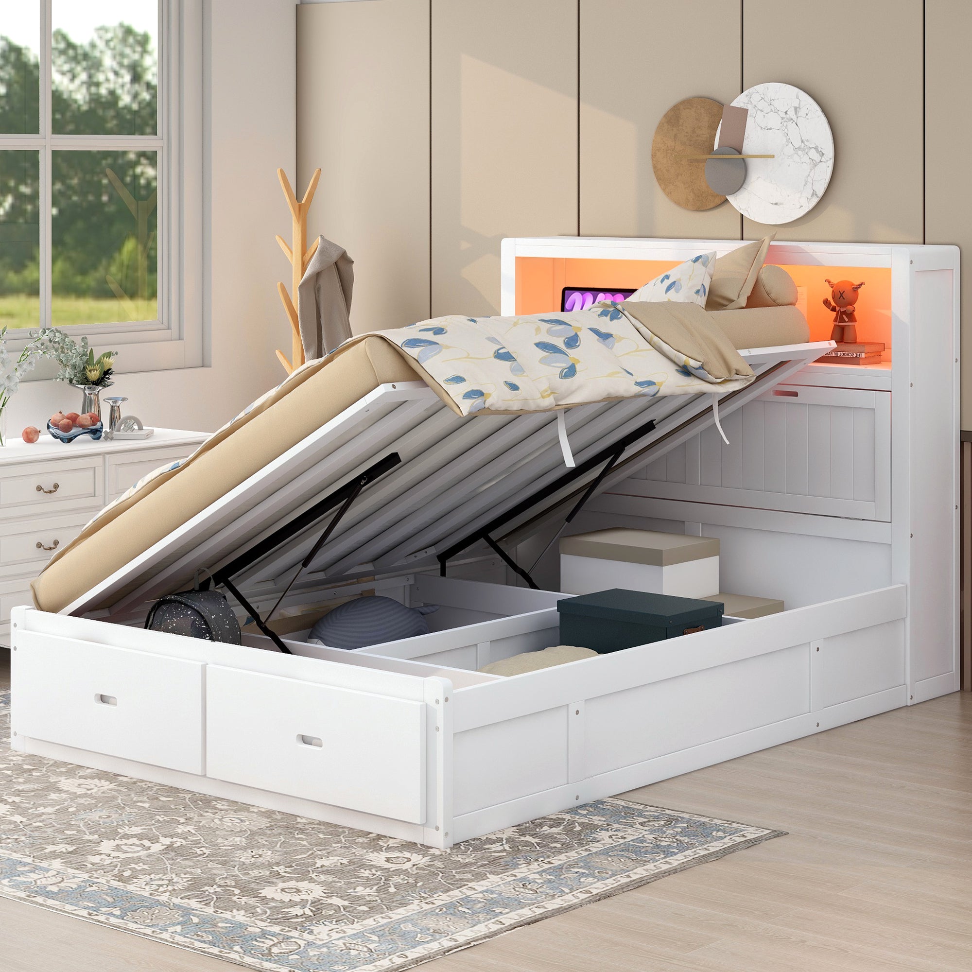 White Wood Queen Hydraulic Bed: LED Headboard, Storage, Charging