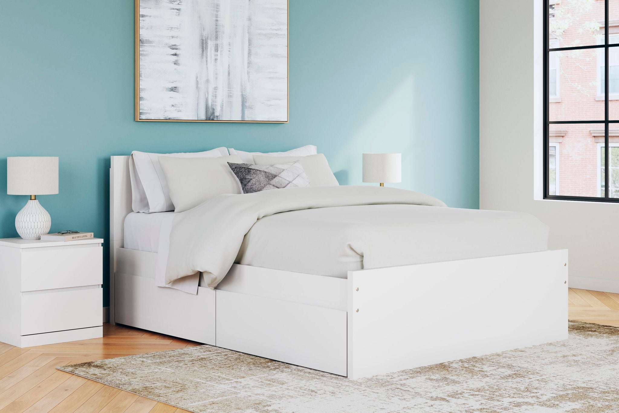 White platform bed frame with side storage drawers and panel headboard