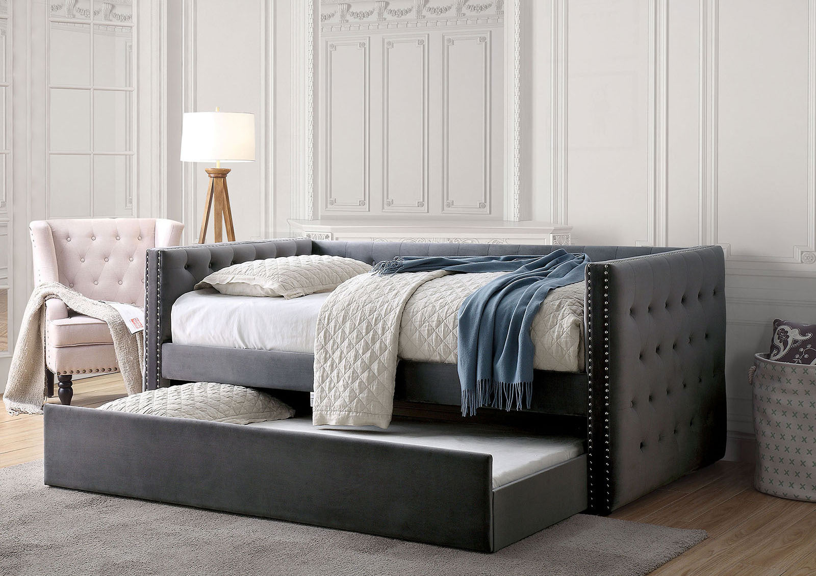 Gray Transitional Daybed w/ Trundle, Button Tufted & Nailhead Trim, Slat Kit