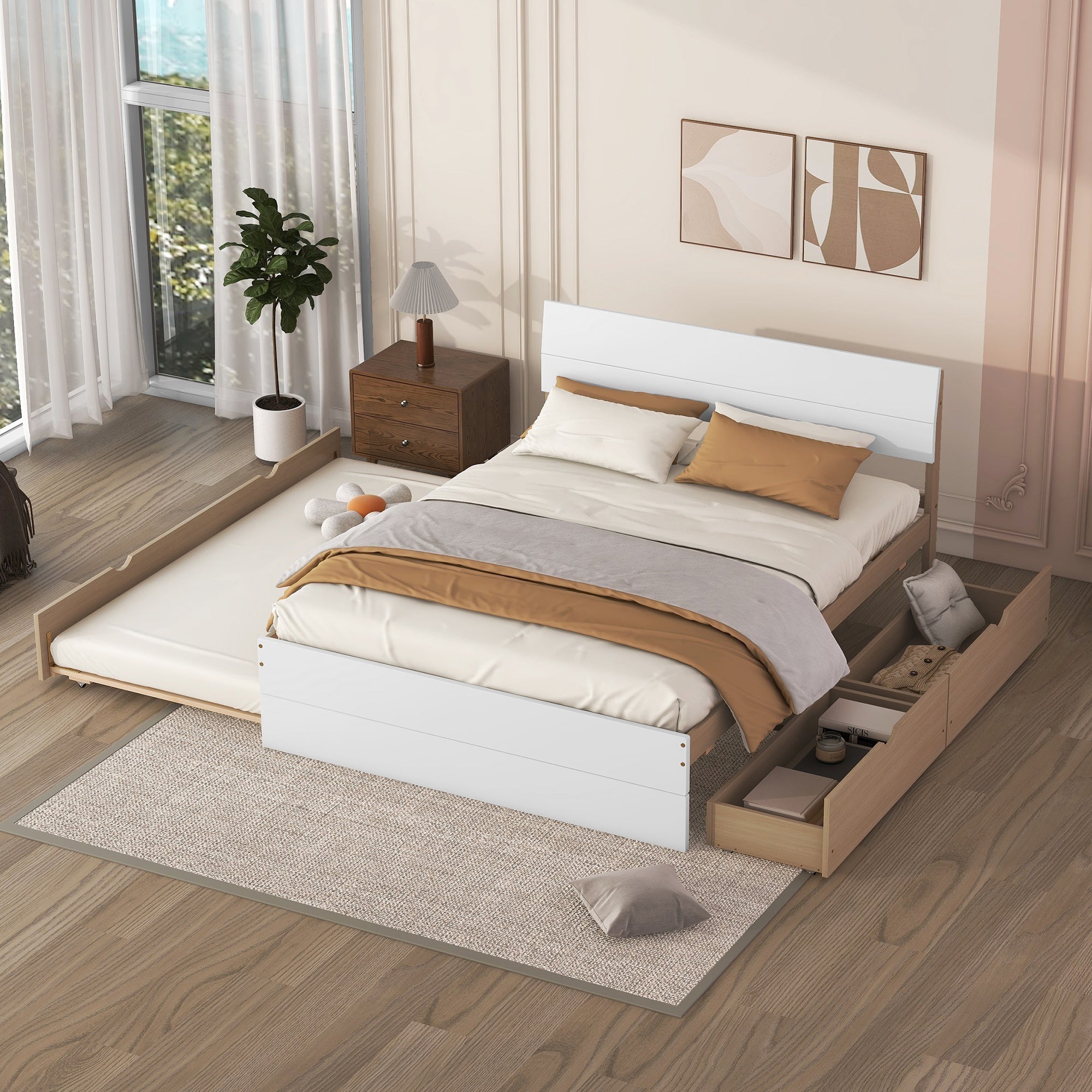 Modern Full Bed Frame w/ Twin Trundle & 2 Drawers - White High Gloss/Oak