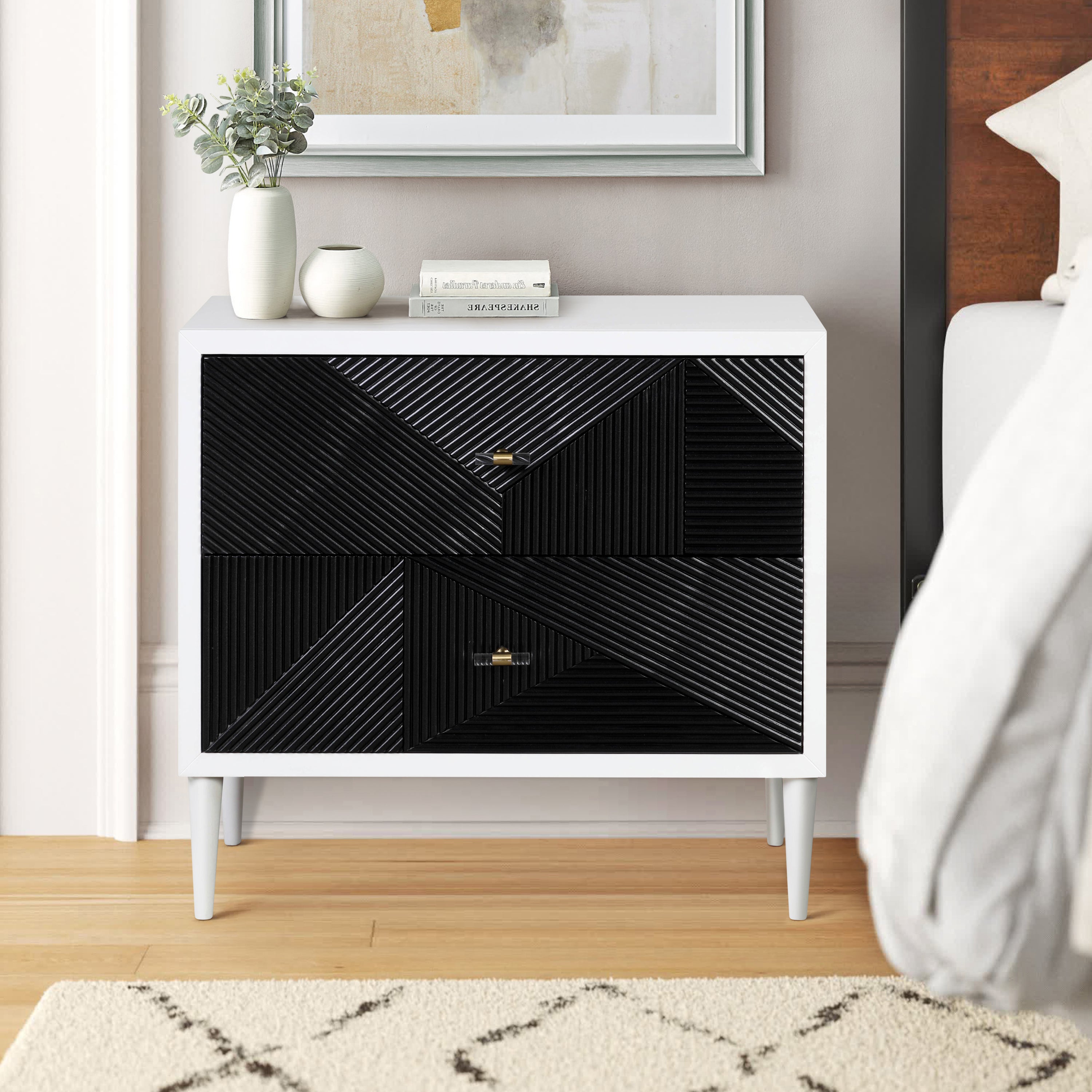 White & Black 2-Drawer Accent Nightstand - Modern Bedroom