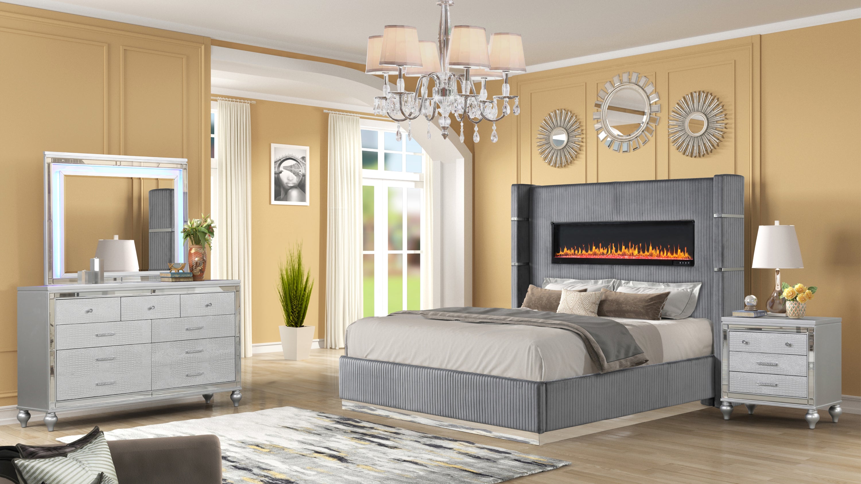 Lizelle Gray Velvet Queen Bedroom Set with Ambient Lighting