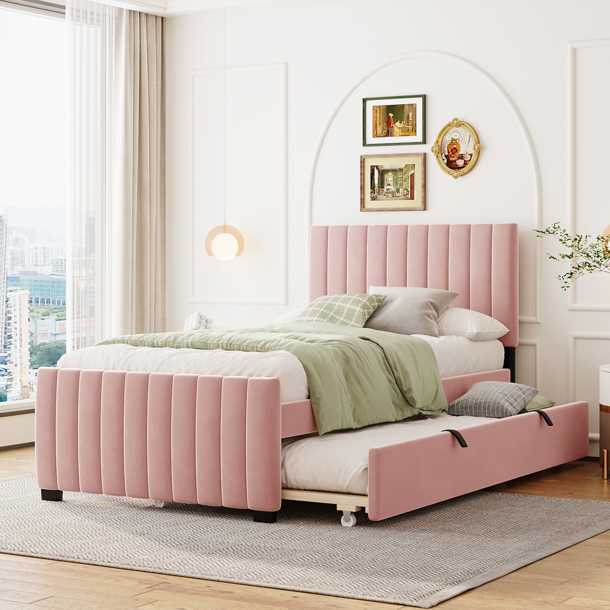Pink Velvet Twin Platform Bed w/Trundle
