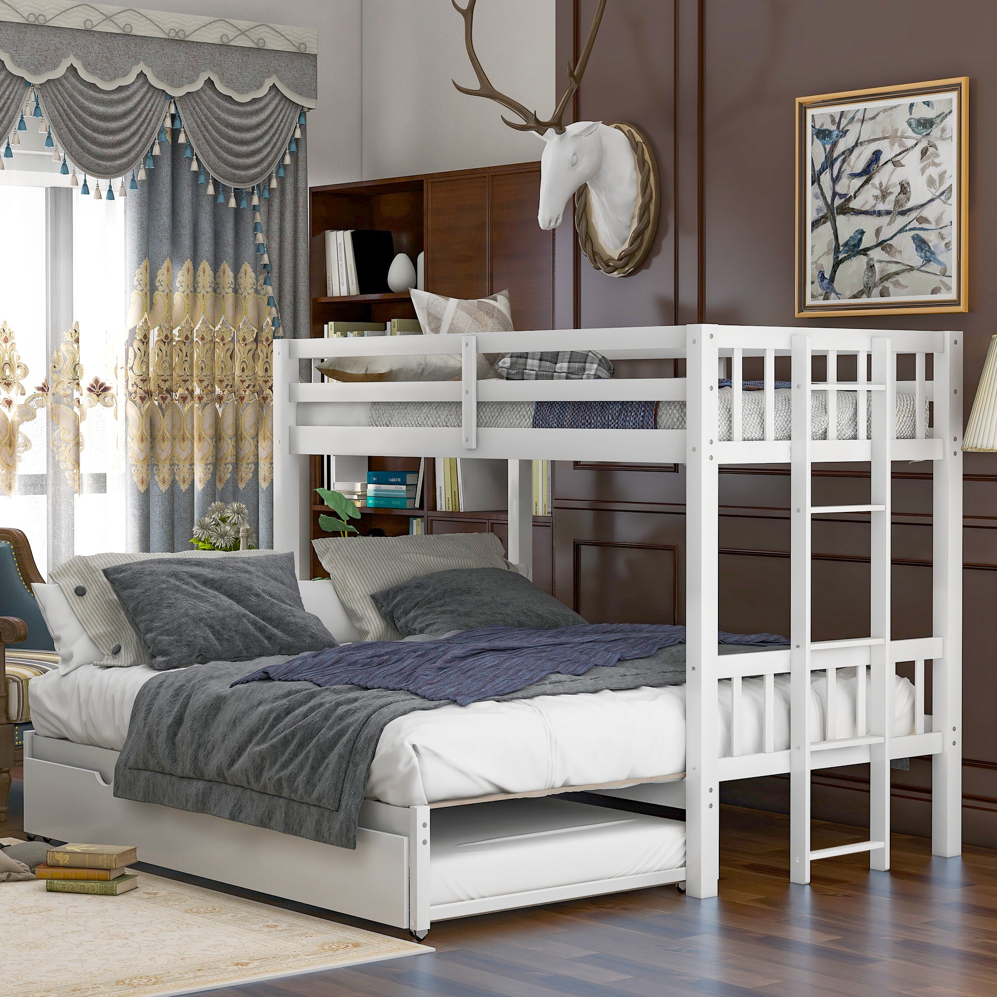 White Twin Pull-Out Bunk Bed with Trundle - Space-Saving Design