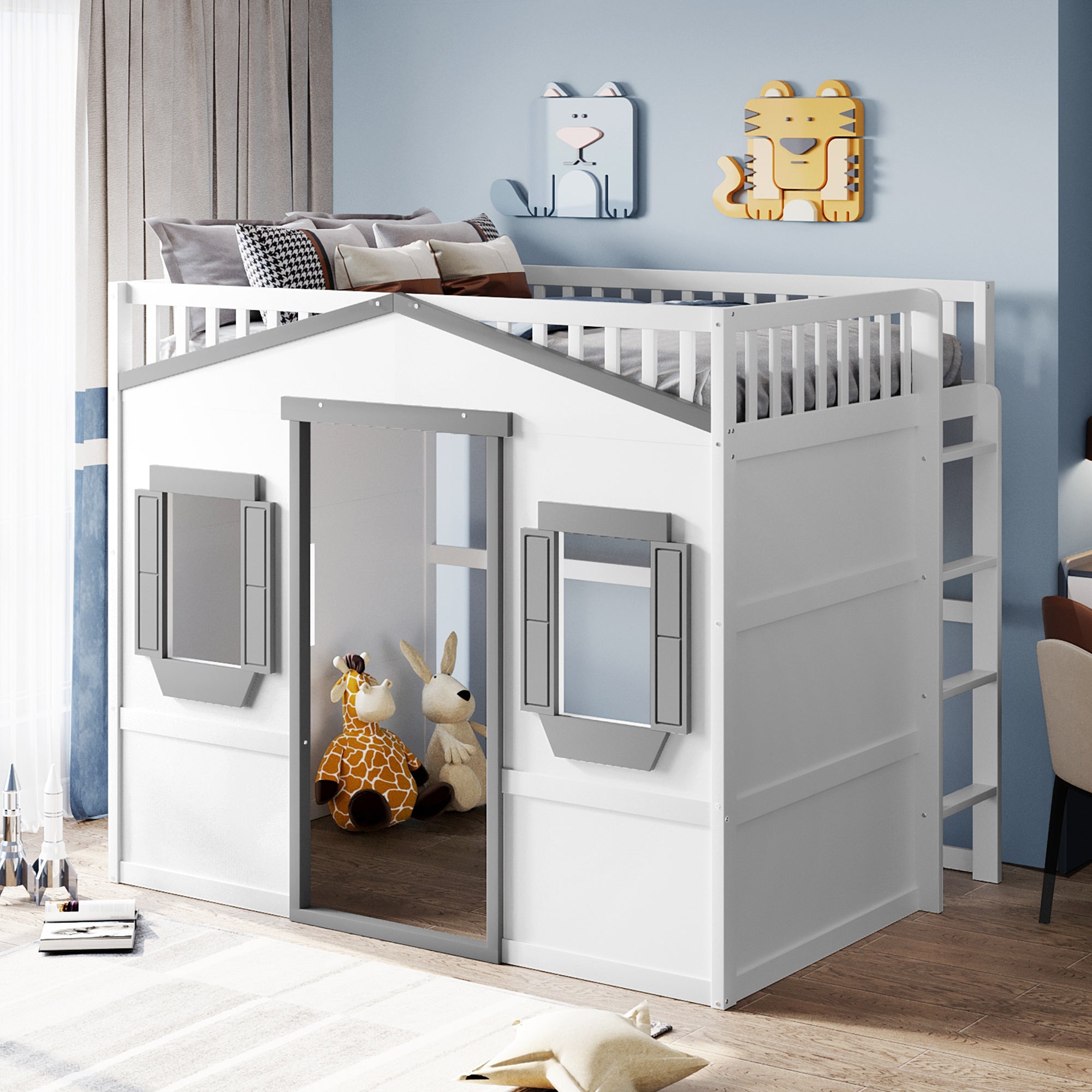 Full Size House Loft Bed with Ladder - Space-Saving Design, White/Gray