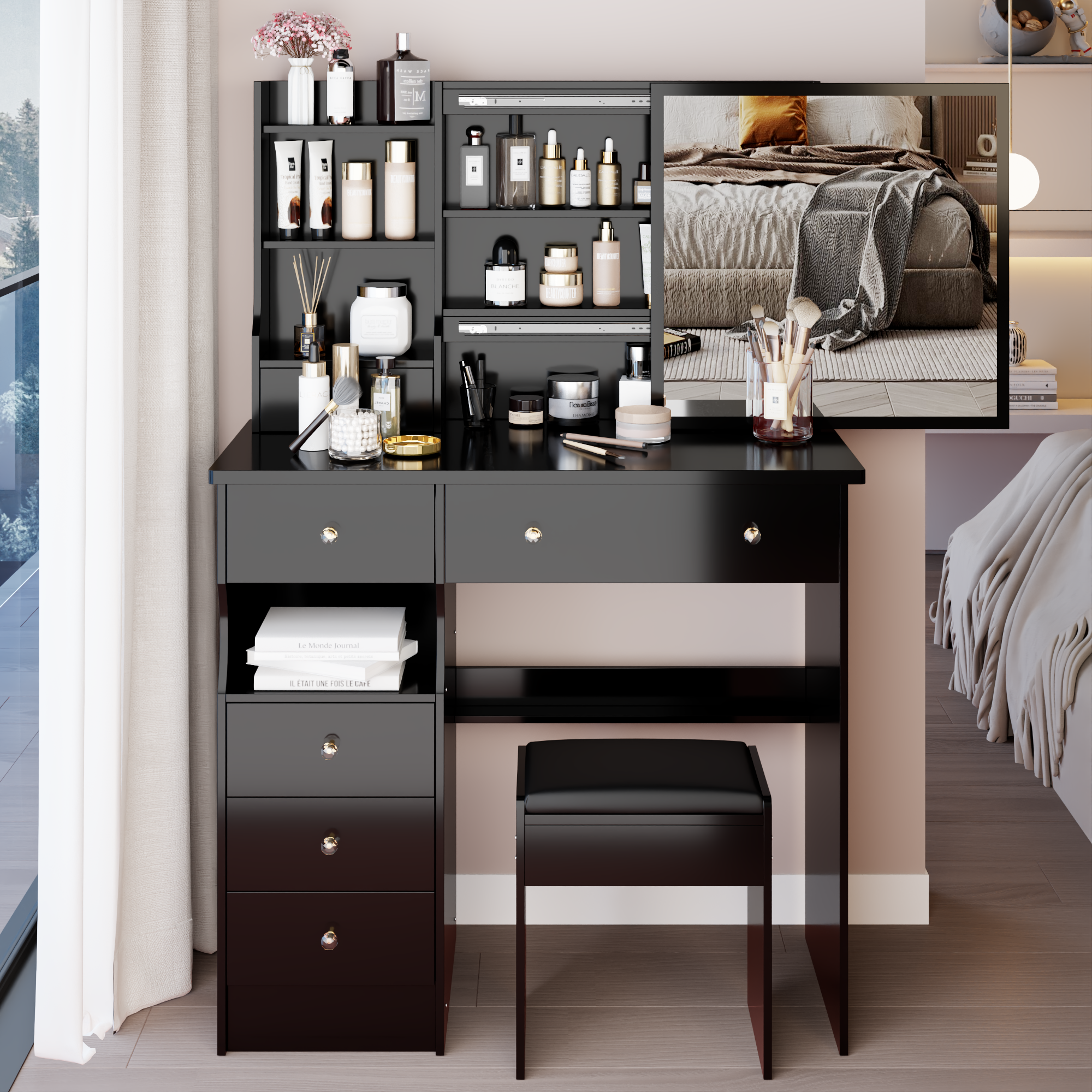 37" Vanity Dresser Table with Sliding Mirror, Stool & Storage