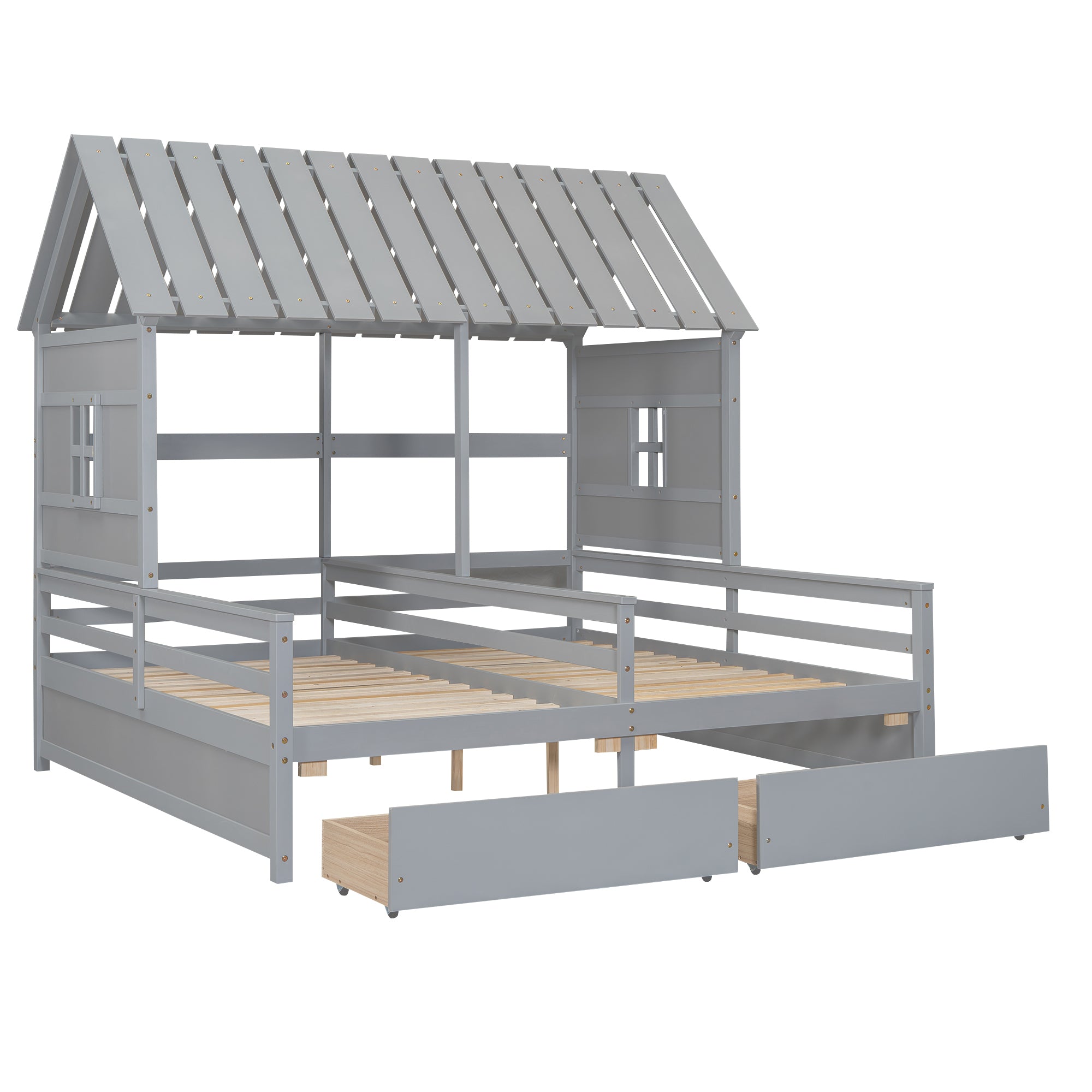 Twin Size Gray House Platform Bed with Two Drawers, Pine Wood and MDF