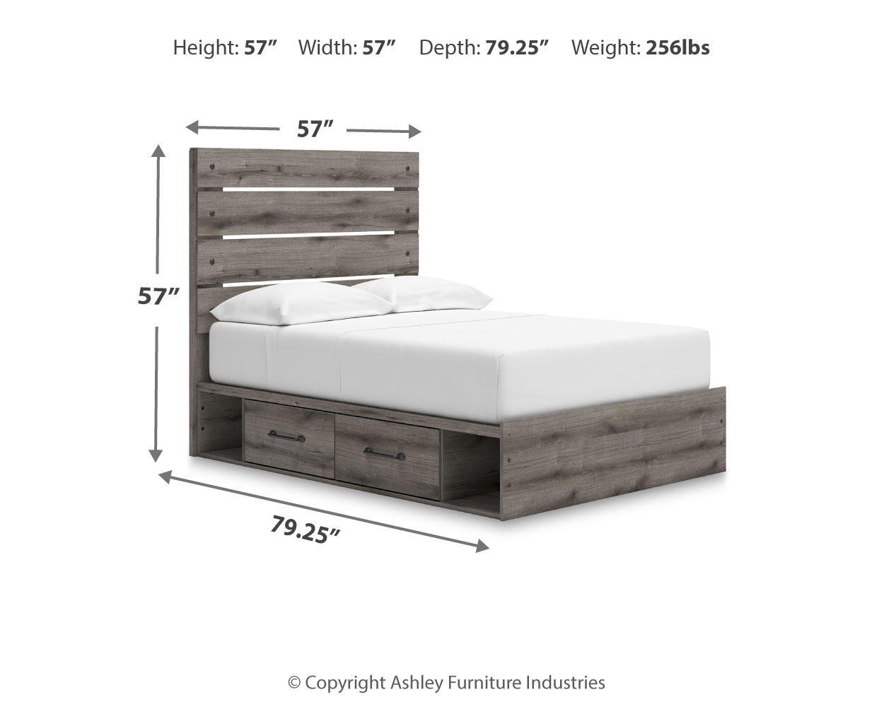 Dark gray panel bed with storage drawers and slatted headboard