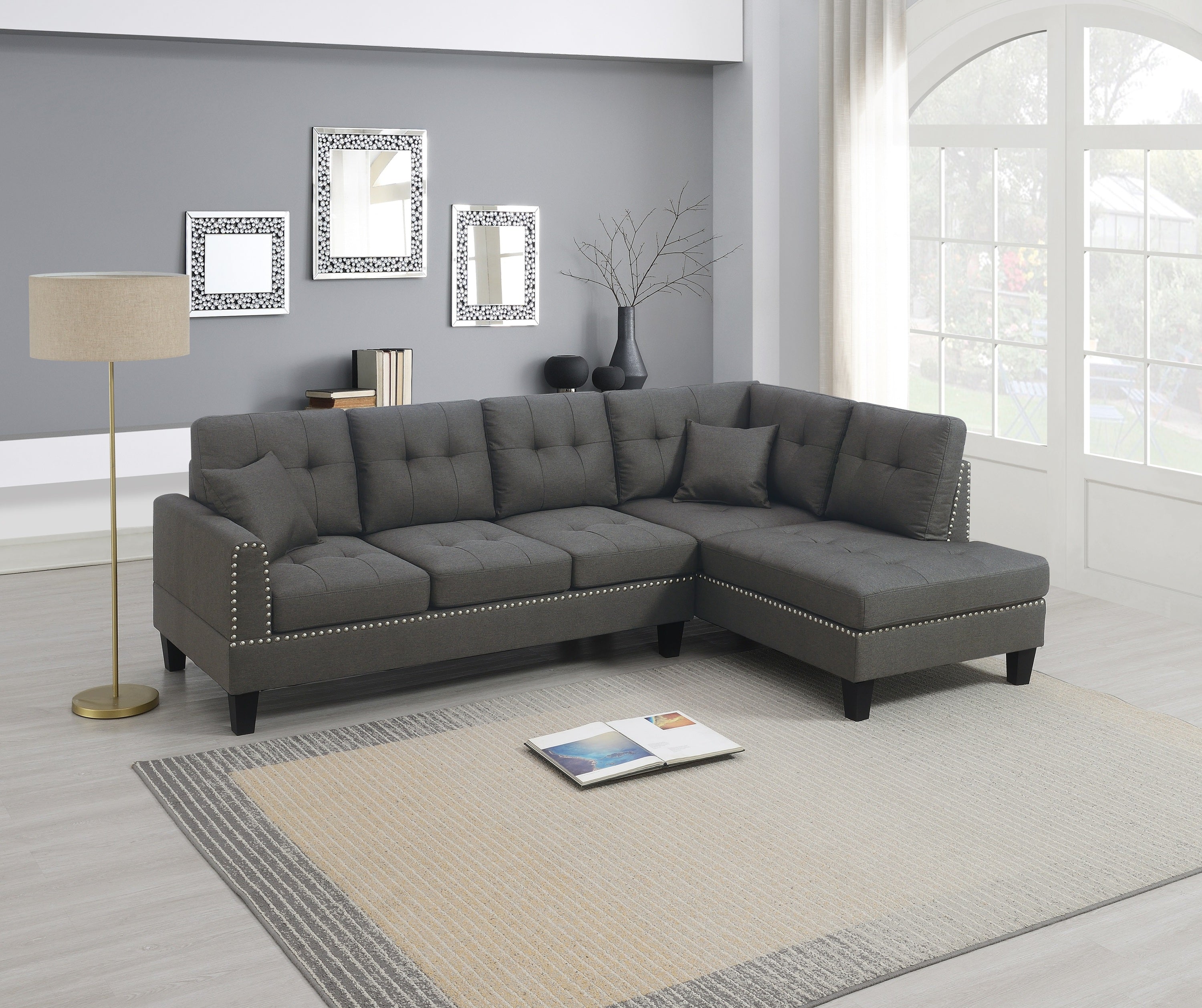 Dark Coffee Linen Tufted Sectional Sofa with Chaise Set