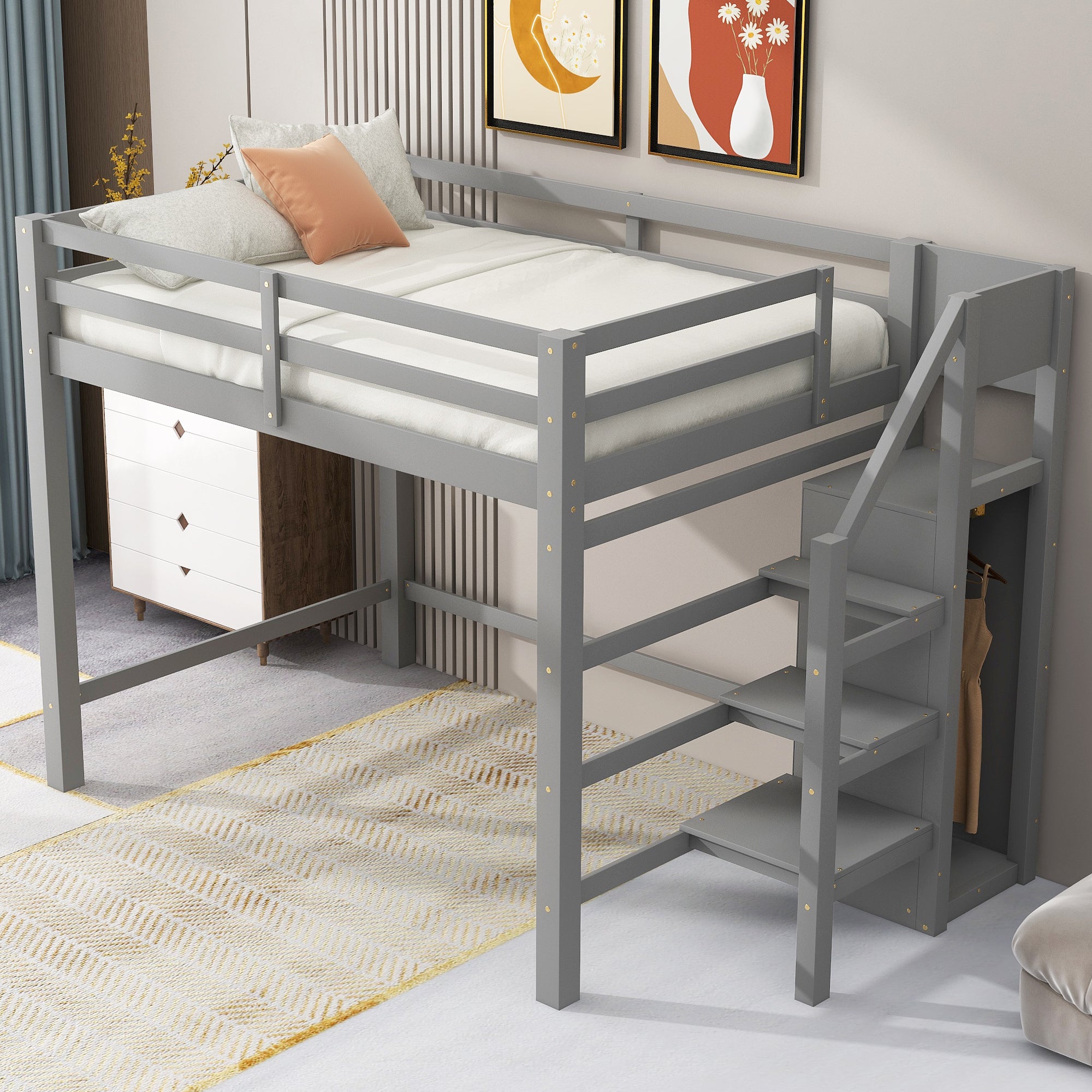 Full Size Loft Bed with Built-in Storage Wardrobe & Stairs, Gray