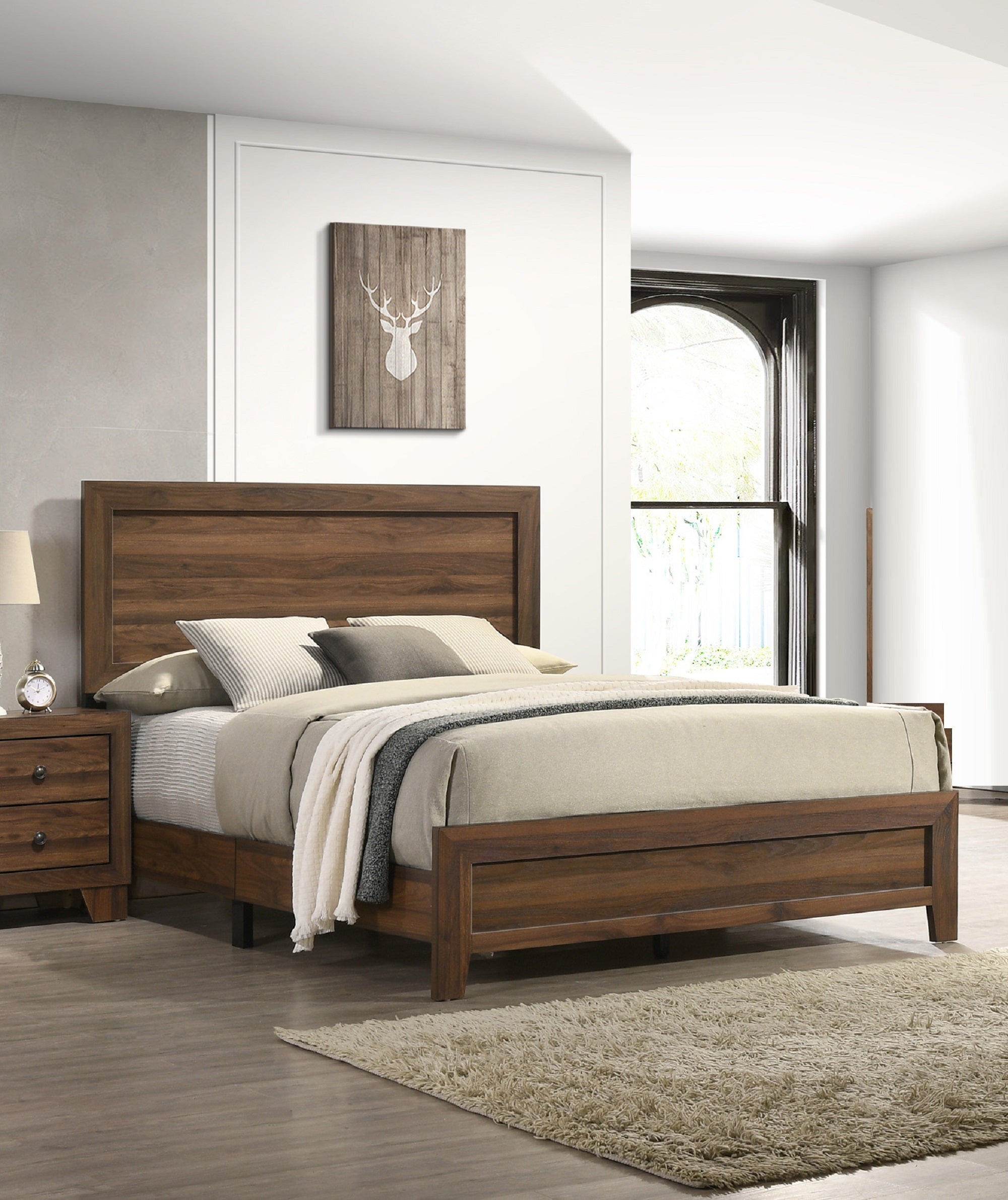 Brown Cherry Fabric Queen Panel Bed - Contemporary Wooden Bedroom Furniture
