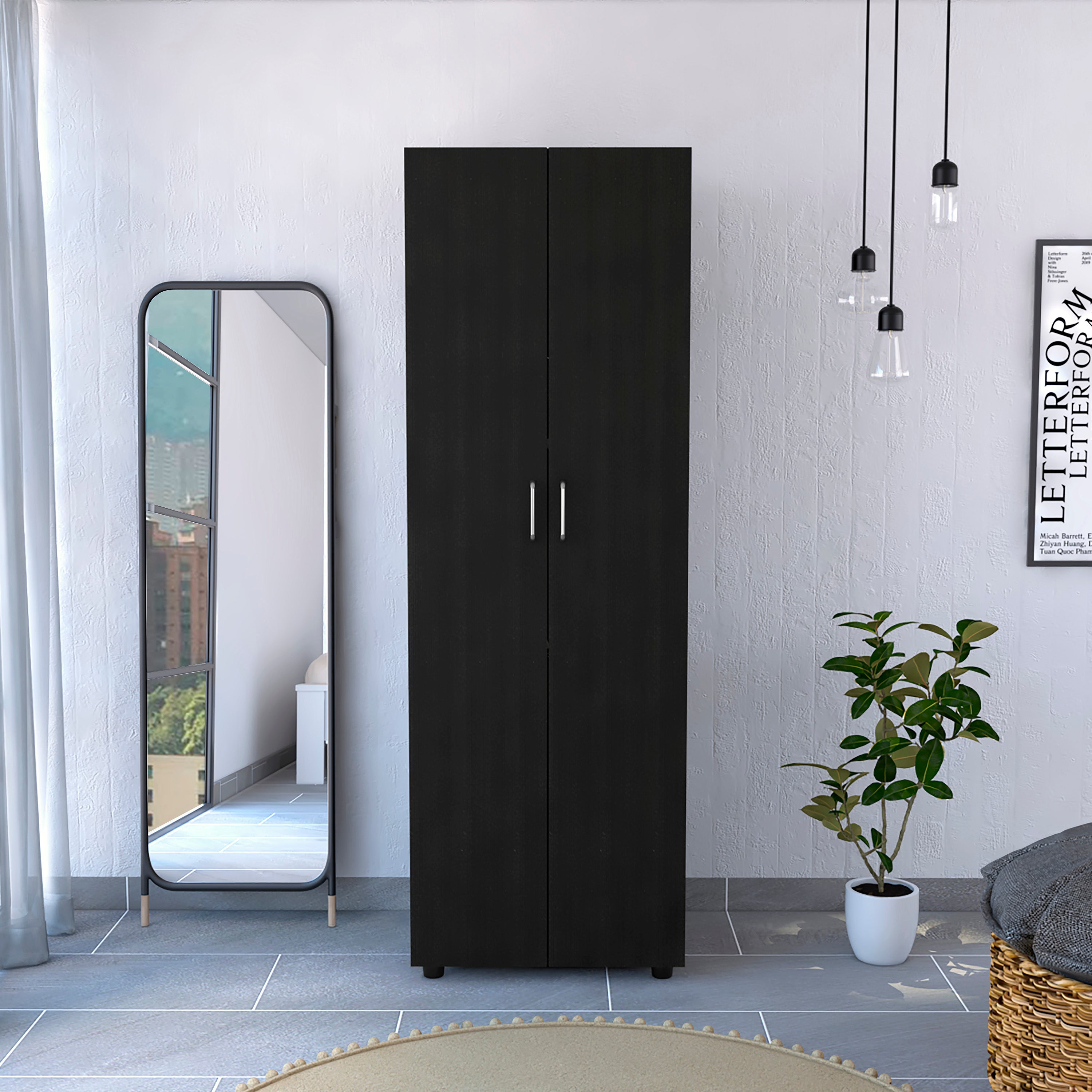 Aurora Black Armoire: Double Door, Shelves, Rod Storage