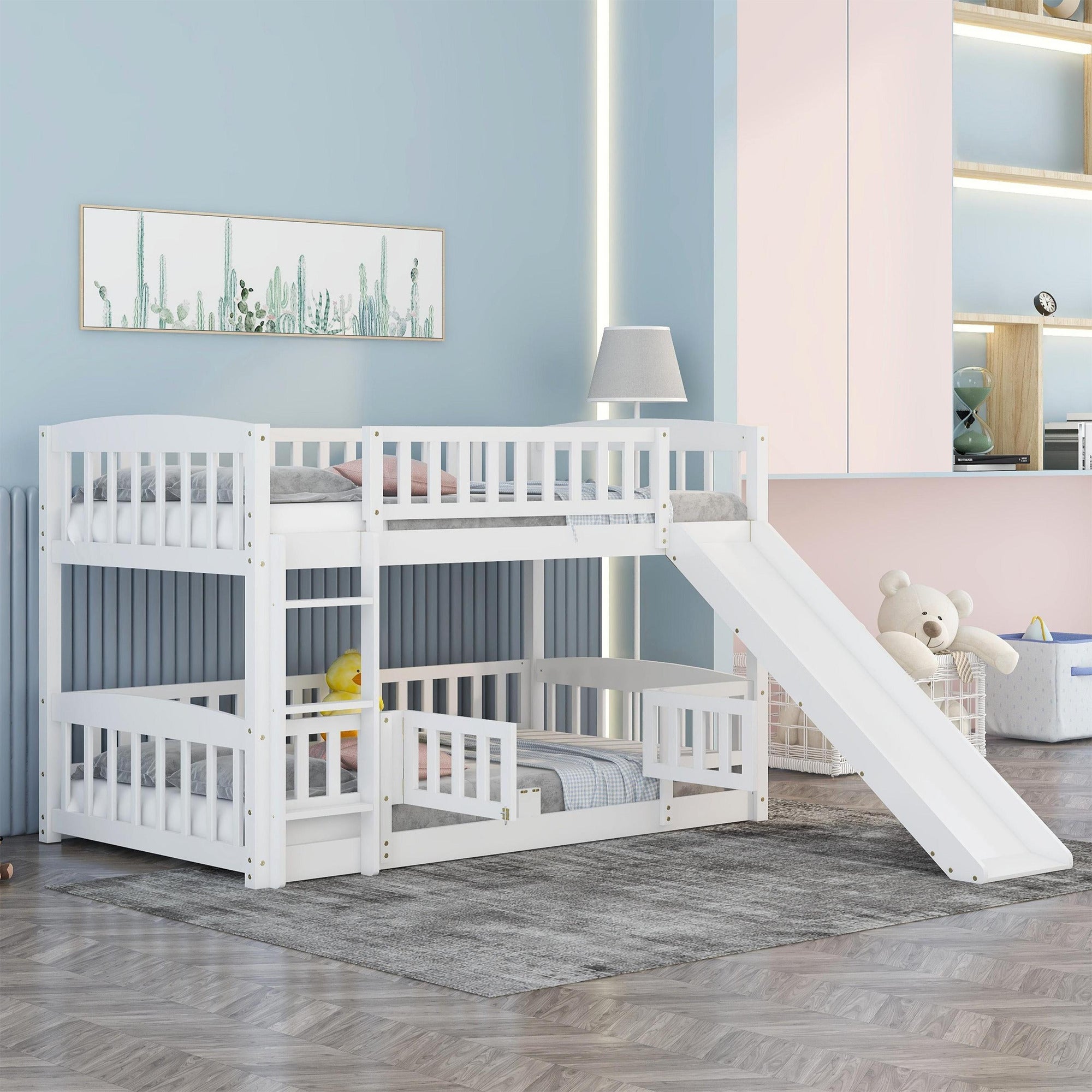 White Twin Over Twin Low Bunk Bed w/ Slide & Ladder for Kids Teens