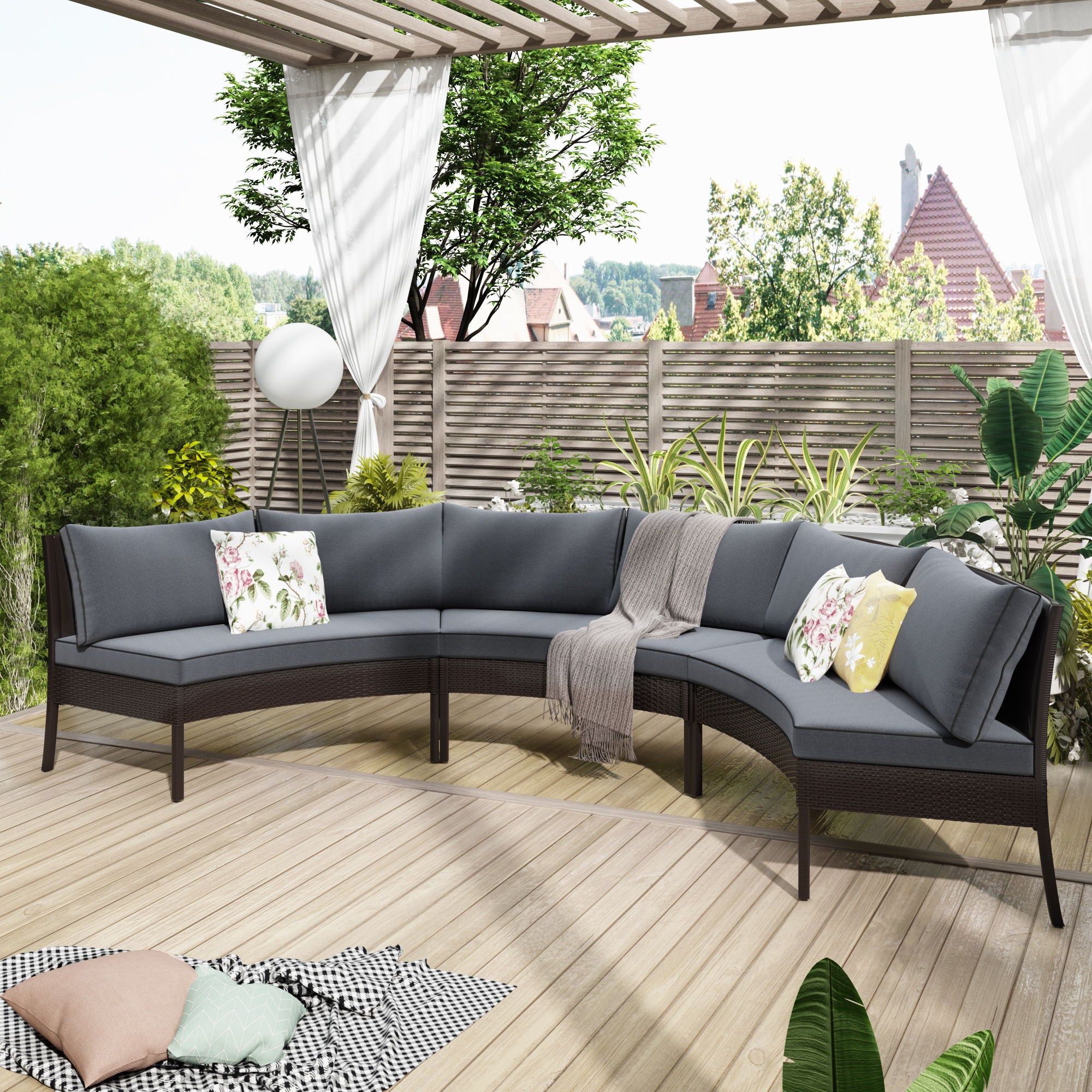 U_Style-Outdoor 3 Piece Sectional Furniture, Patio Half-Moon Wicker Sofa Set, Brown Pe Rattan And Grey Cushions