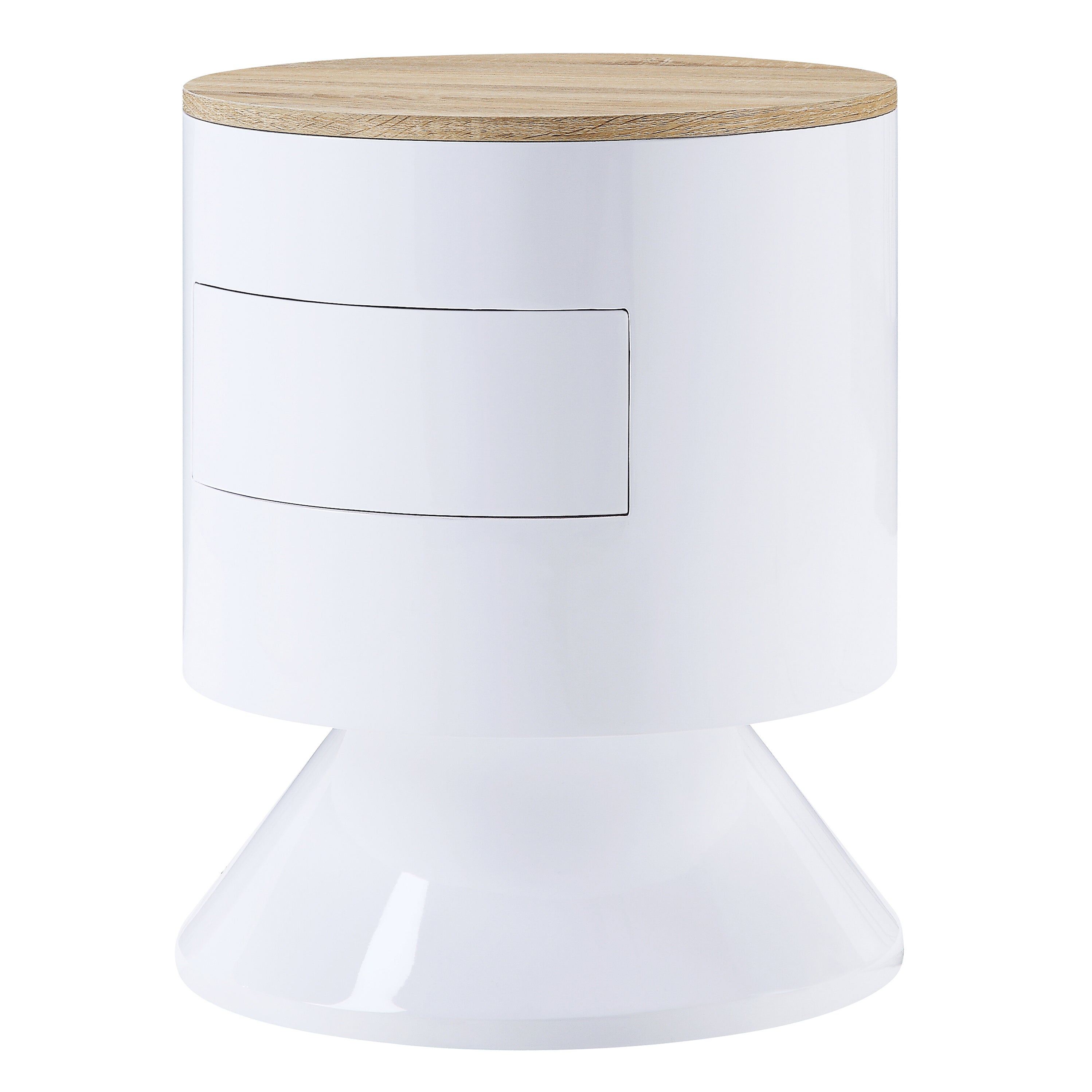 White High Gloss & Natural 1-Drawer Drum Nightstand