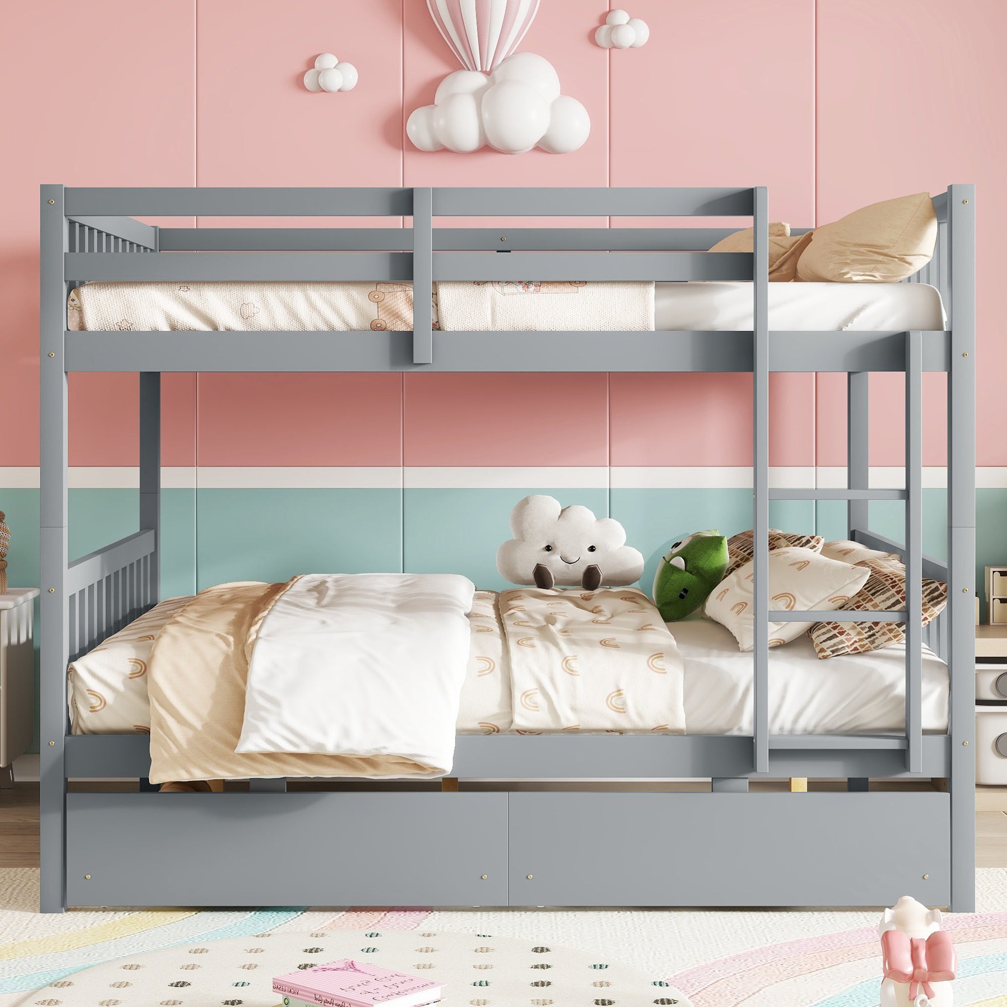 Full Over Full Rubber Wood Bunk Bed, Convertible, 2 Drawers, Grey