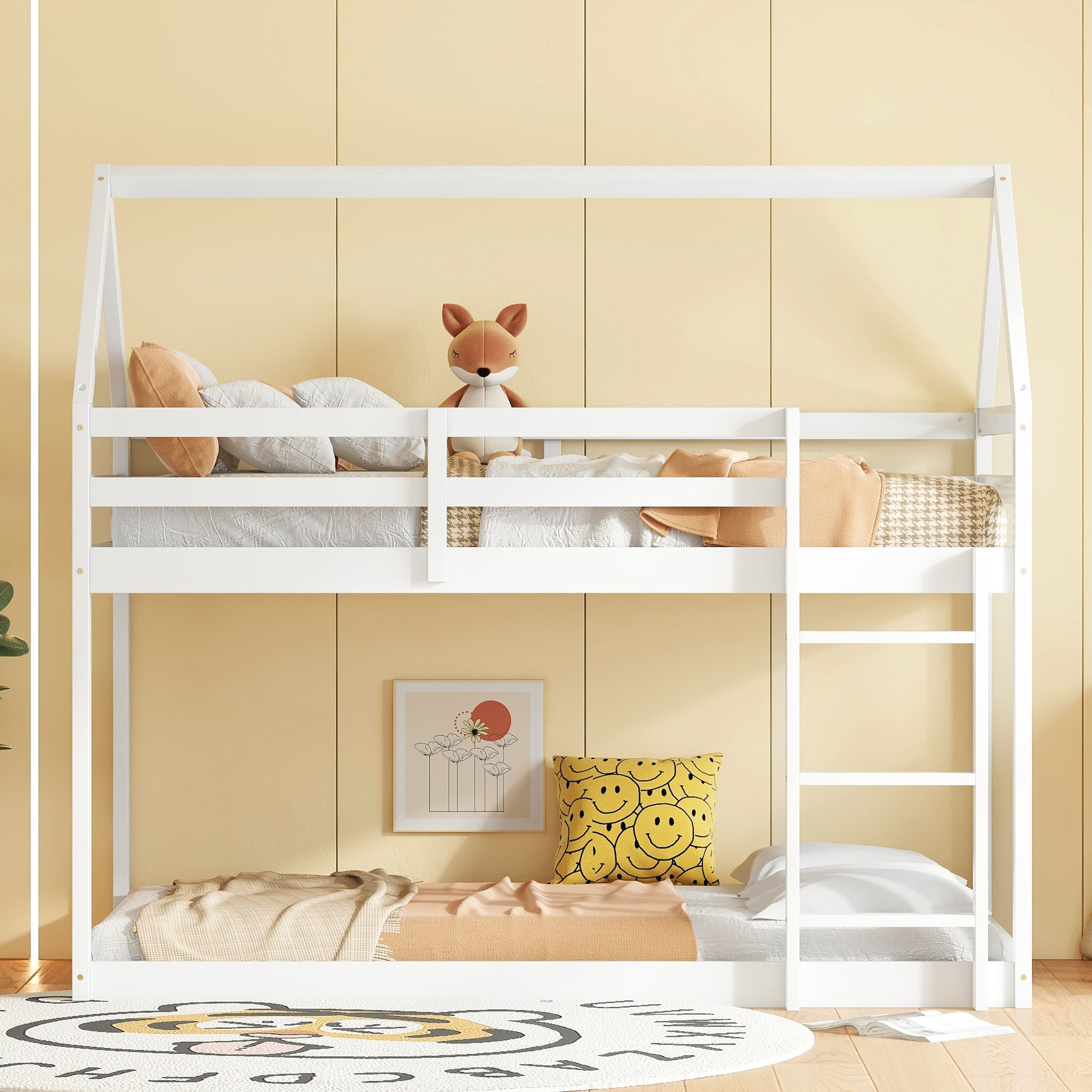 Twin Bunk Bed: Wood, White, Ladder & Guardrails