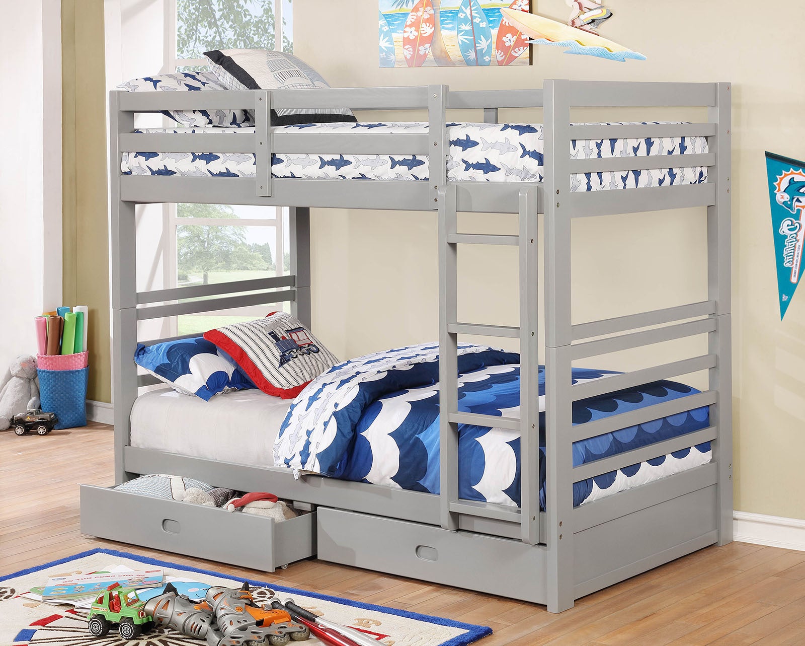 Twin Over Twin Bunk Bed: Modern Gray w/ Storage Drawers & Ladder