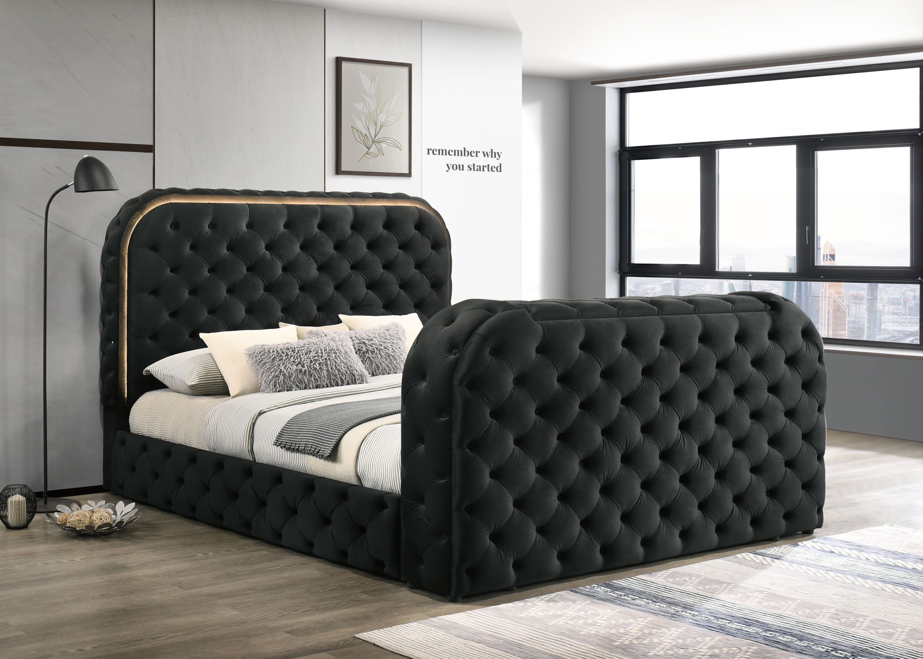 Kana Black Velvet Eastern King Bed with LED, Fireplace & TV Stand