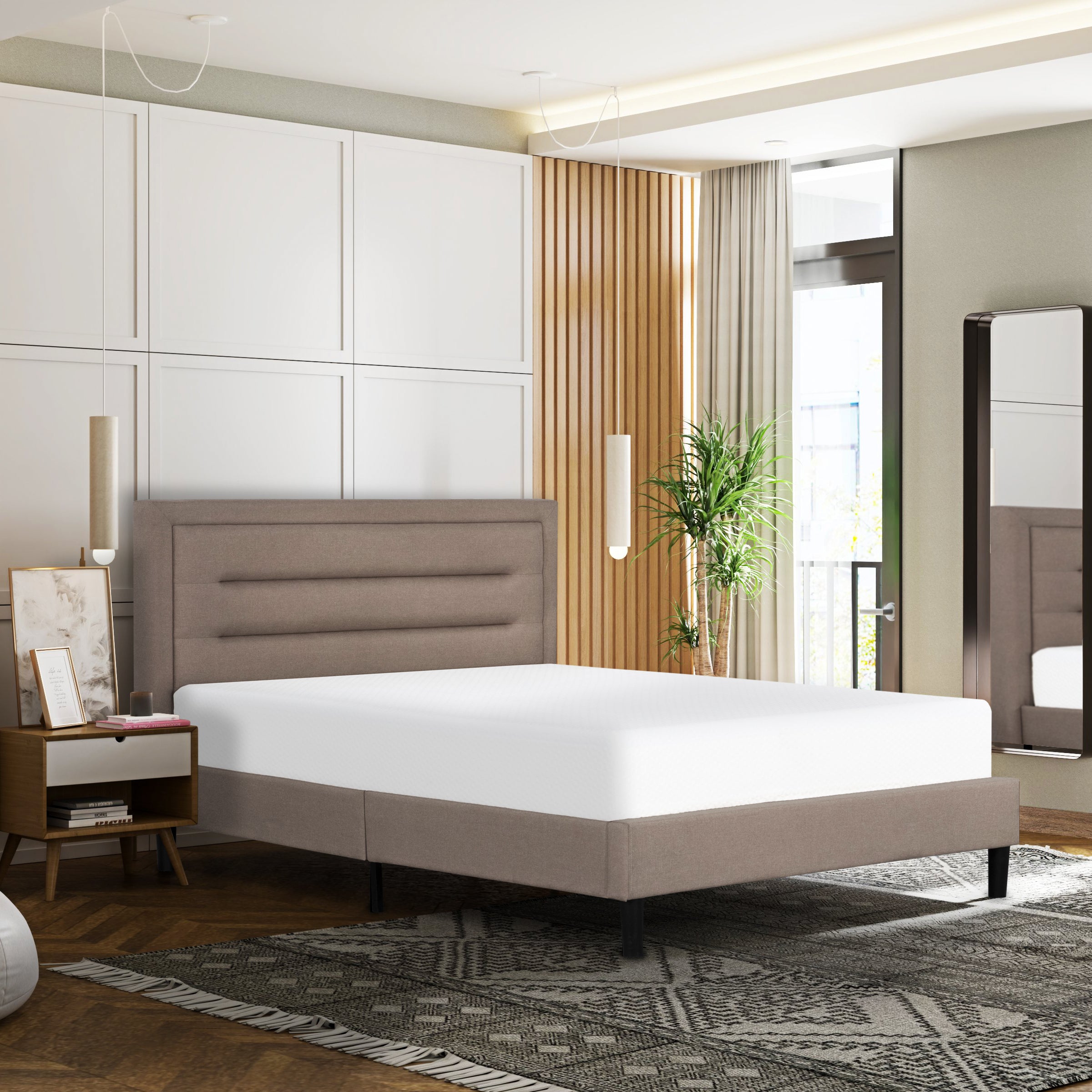 Classic Modern Queen Upholstered Platform Bed Frame - Brown Tufted