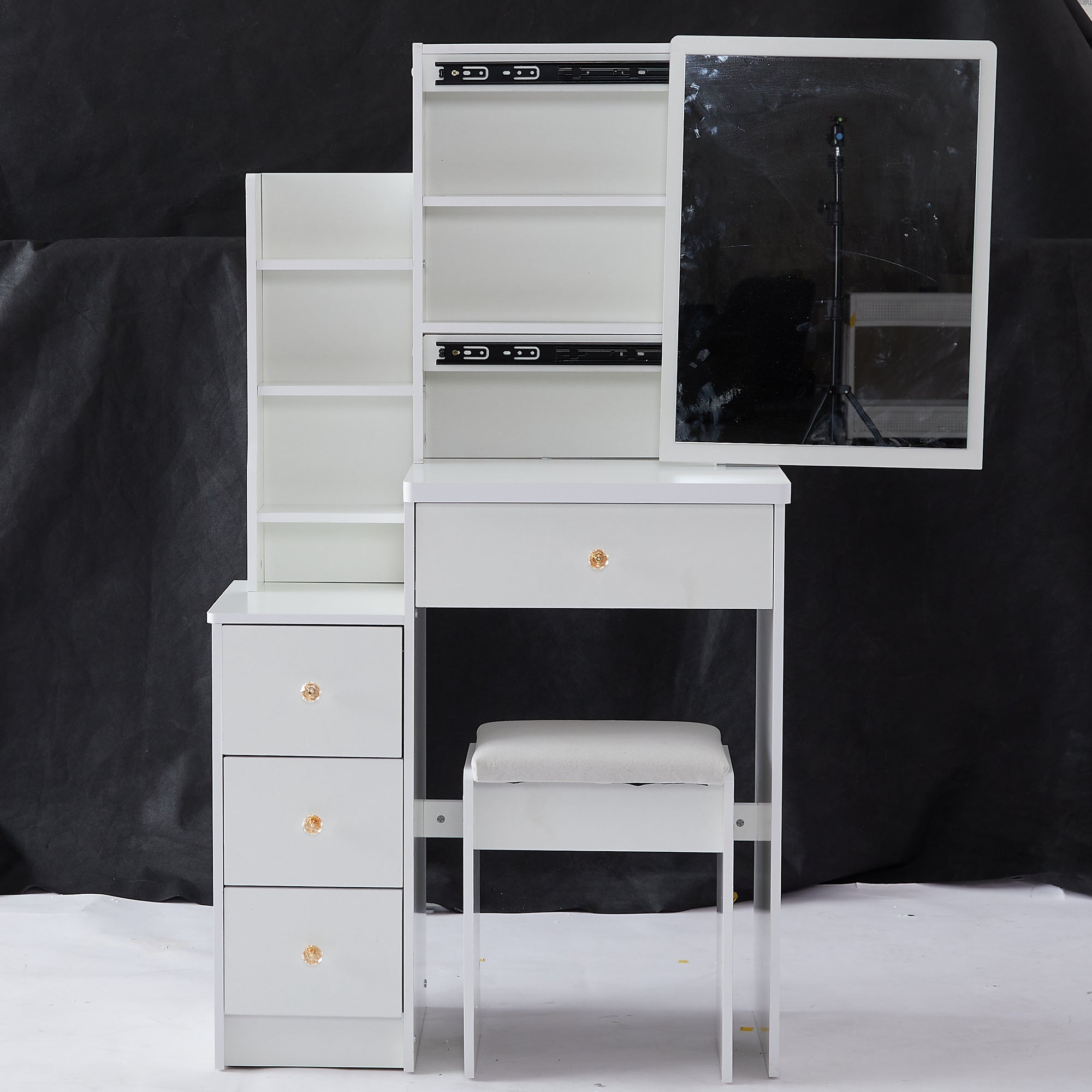 29.2" Small Space Vanity Dresser w/ Sliding Mirror, Stool & Storage