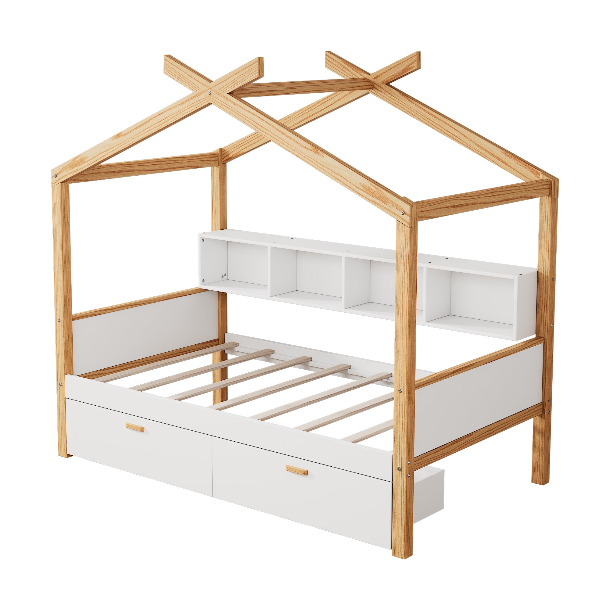 White Twin Wooden House Bed with Drawers & Bookshelf Storage