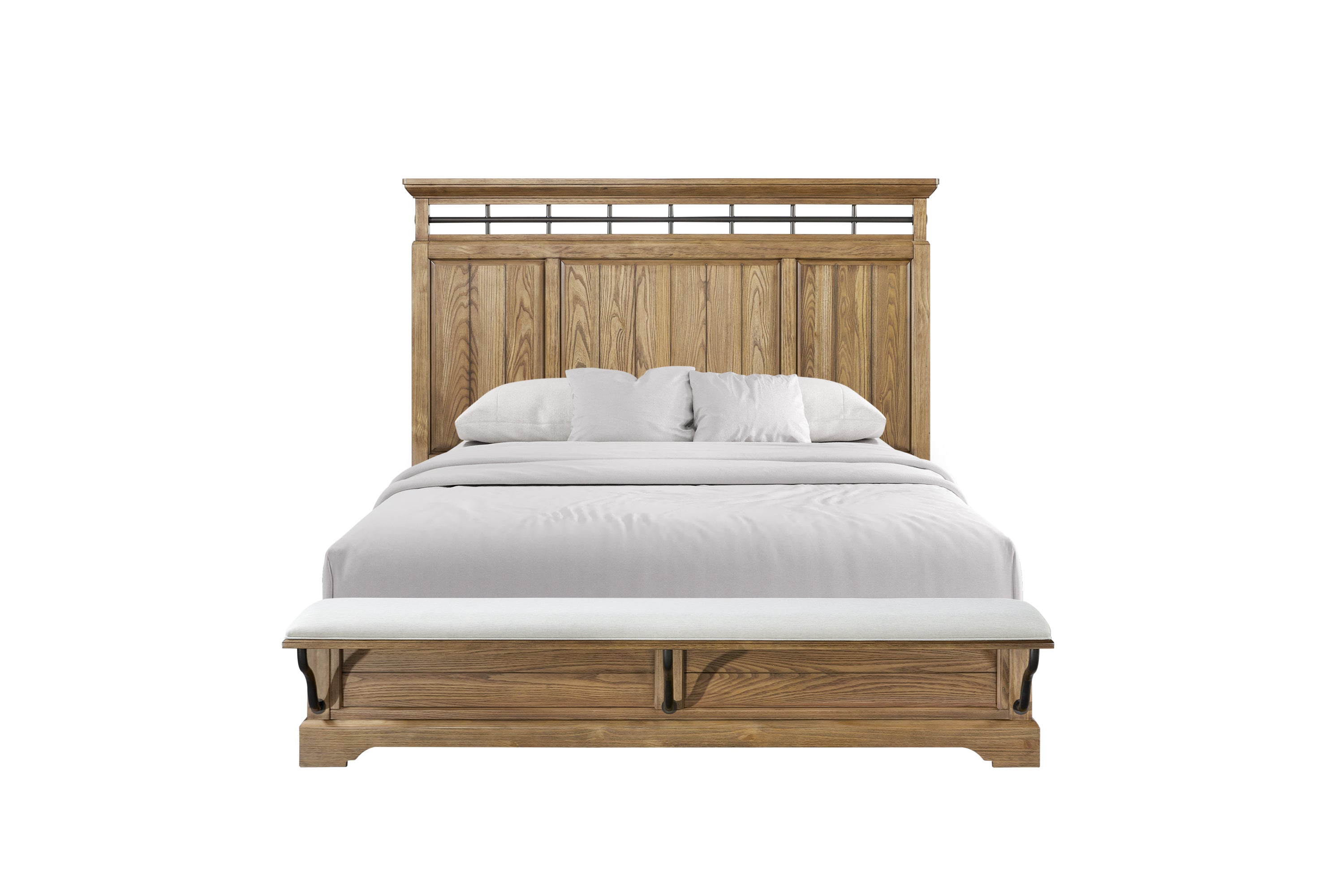 King Panel Bed with Bench, Caramel Finish - Stylish Bedroom Furniture
